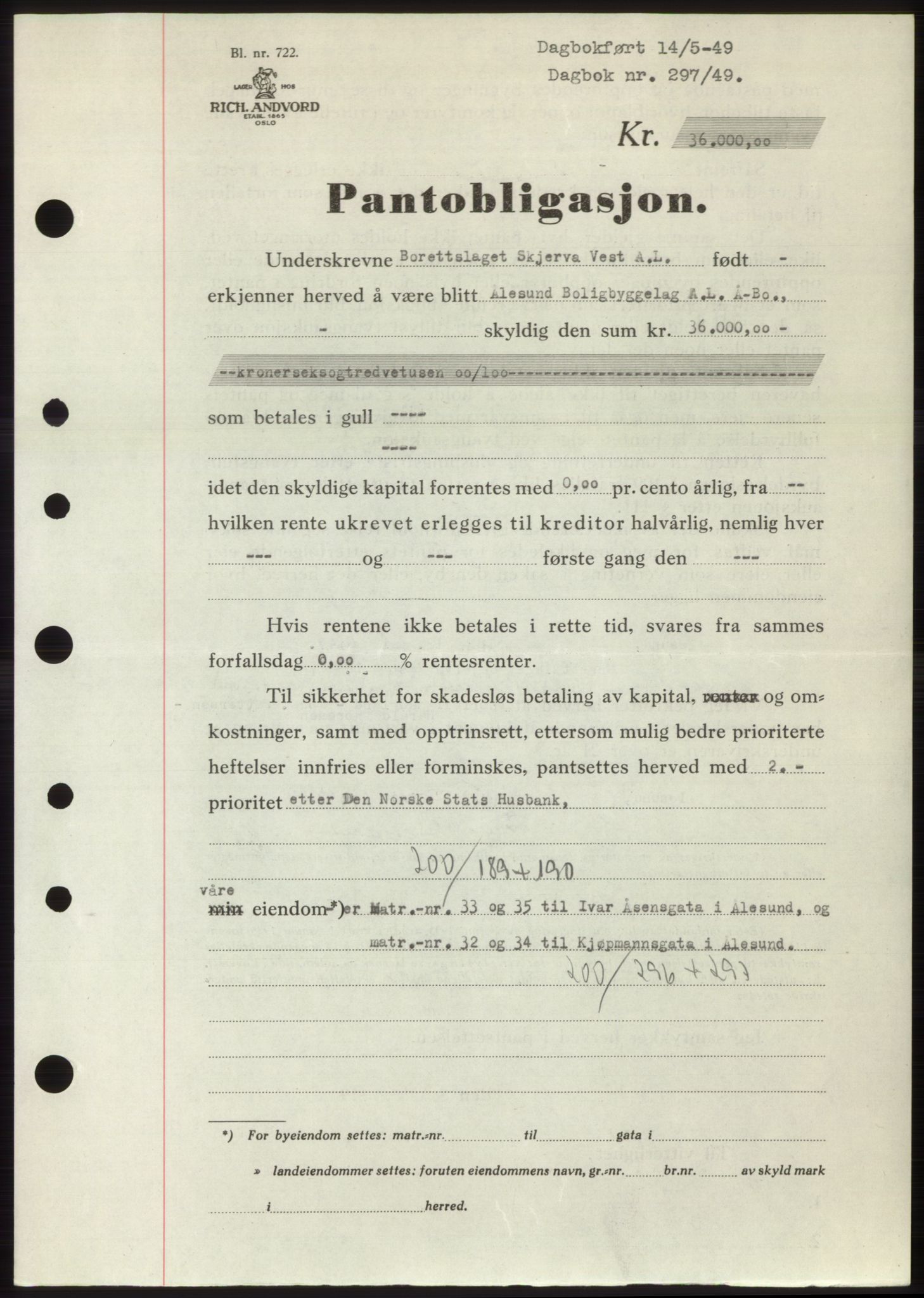 Ålesund byfogd, SAT/A-4384: Pantebok nr. B36-38, 1948-1950, Dagboknr: 297/1949
