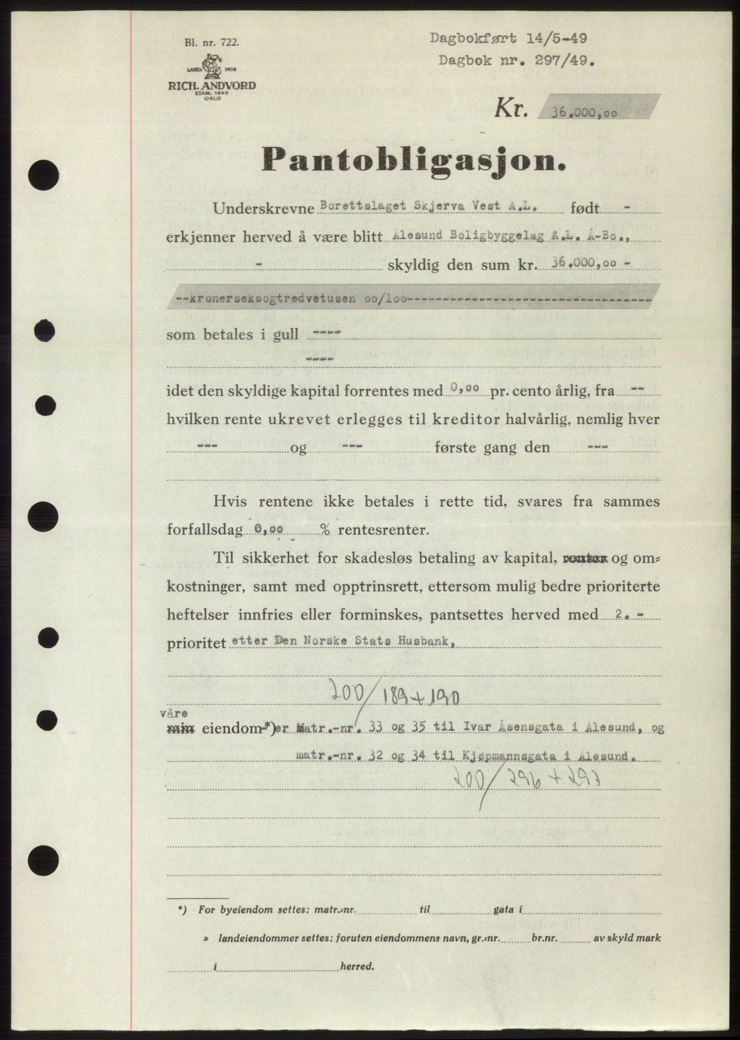 Ålesund byfogd, AV/SAT-A-4384: Pantebok nr. B36-38, 1948-1950, Dagboknr: 297/1949