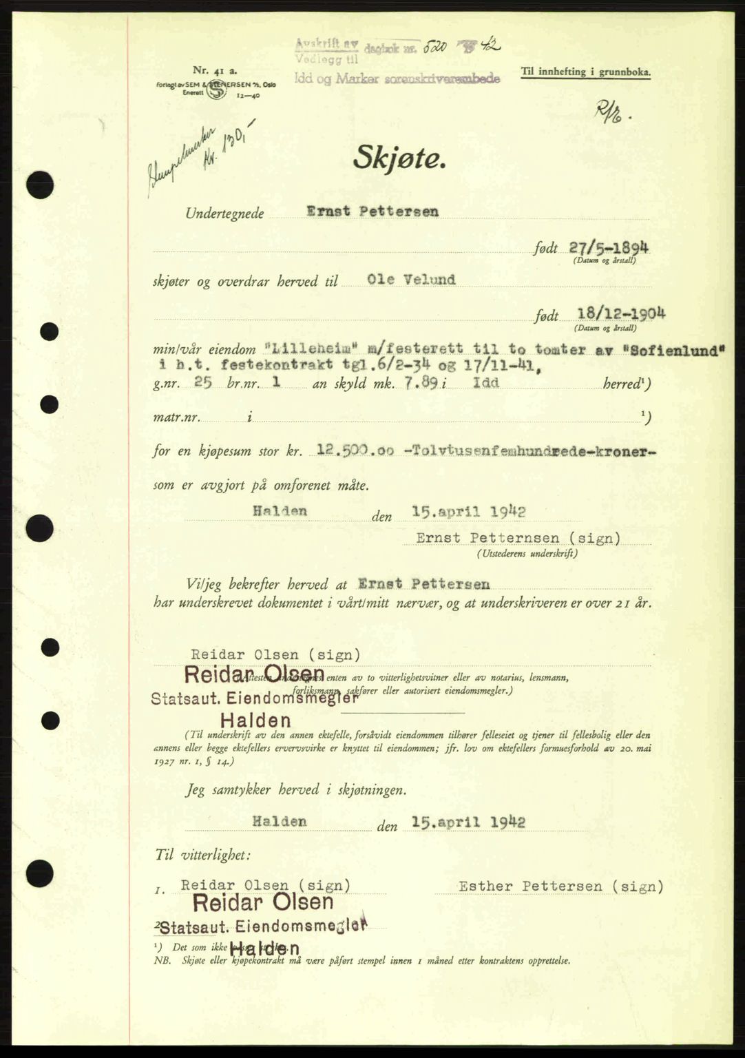 Idd og Marker sorenskriveri, AV/SAO-A-10283/G/Gb/Gbb/L0005: Pantebok nr. A5, 1941-1943, Dagboknr: 520/1942