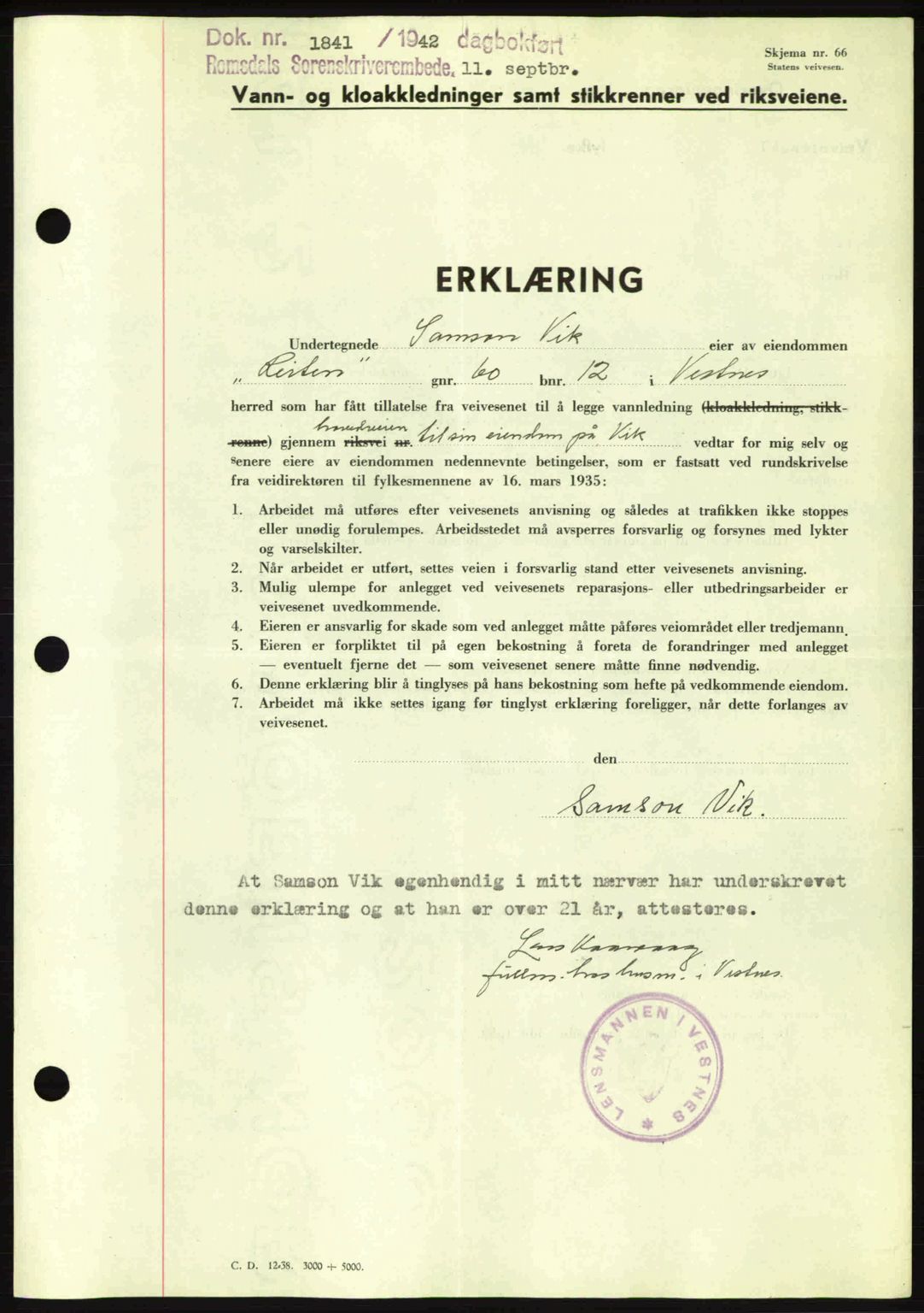 Romsdal sorenskriveri, SAT/A-4149/1/2/2C: Pantebok nr. A12, 1942-1942, Dagboknr: 1841/1942