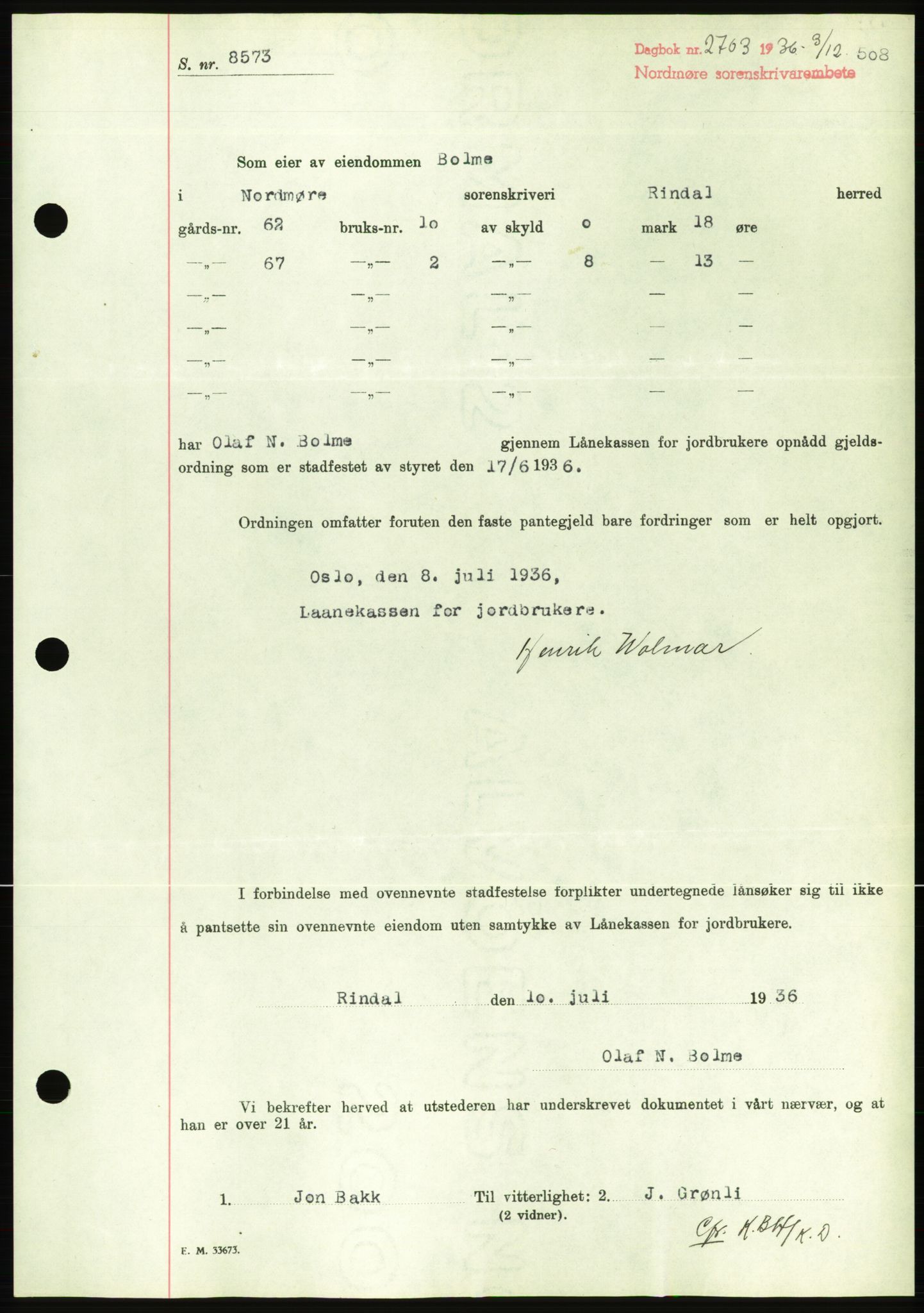 Nordmøre sorenskriveri, AV/SAT-A-4132/1/2/2Ca/L0090: Pantebok nr. B80, 1936-1937, Dagboknr: 2703/1936