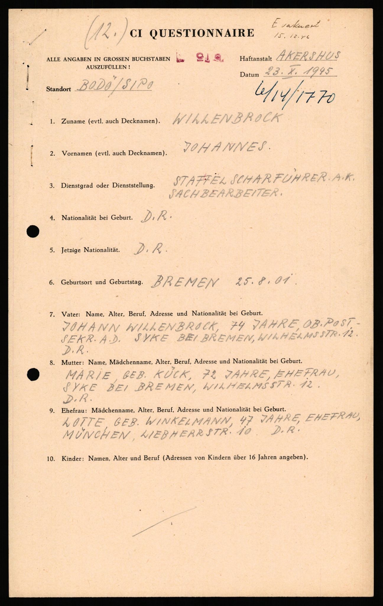 Forsvaret, Forsvarets overkommando II, AV/RA-RAFA-3915/D/Db/L0036: CI Questionaires. Tyske okkupasjonsstyrker i Norge. Tyskere., 1945-1946, s. 97