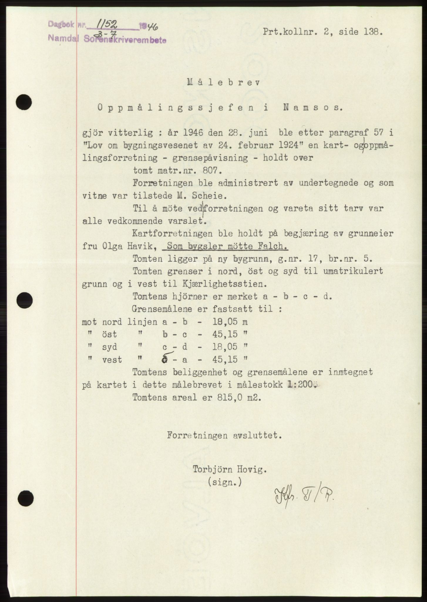 Namdal sorenskriveri, SAT/A-4133/1/2/2C: Pantebok nr. -, 1946-1946, Dagboknr: 1152/1946