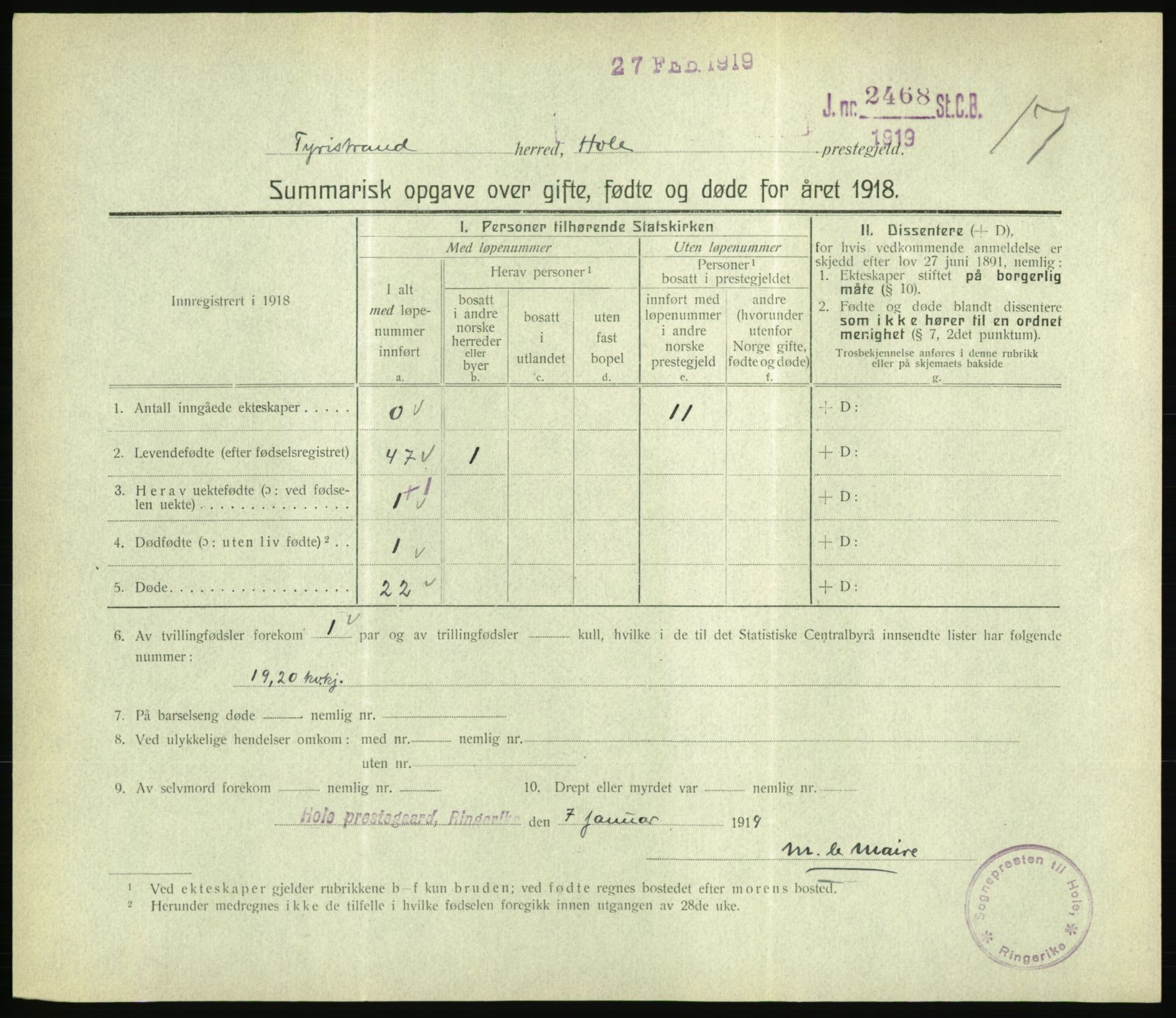 Statistisk sentralbyrå, Sosiodemografiske emner, Befolkning, RA/S-2228/D/Df/Dfb/Dfbh/L0059: Summariske oppgaver over gifte, fødte og døde for hele landet., 1918, s. 409