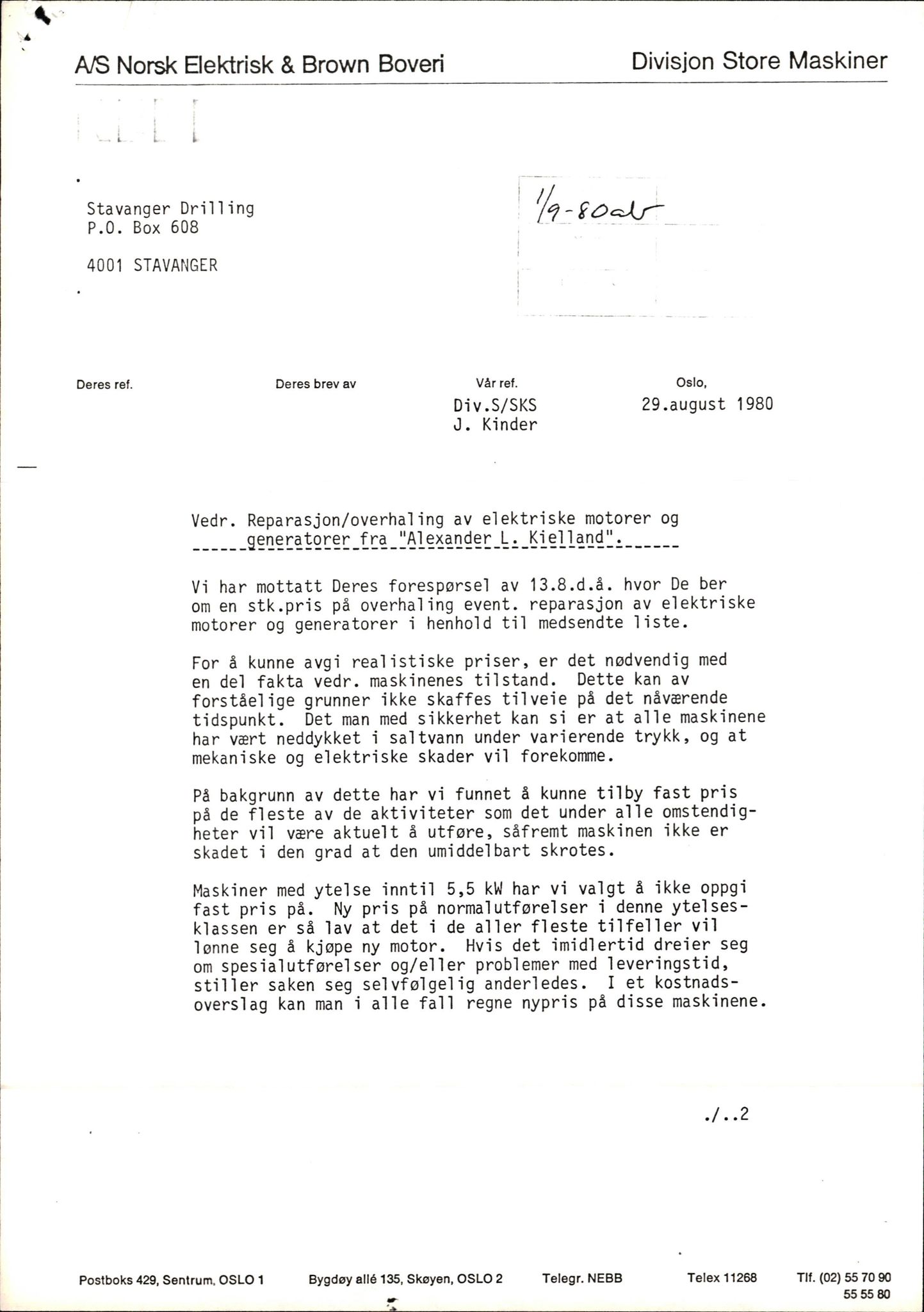 Pa 1503 - Stavanger Drilling AS, AV/SAST-A-101906/2/E/Eb/Eba/L0022: Alexander L. Kielland repair, 1979-1980