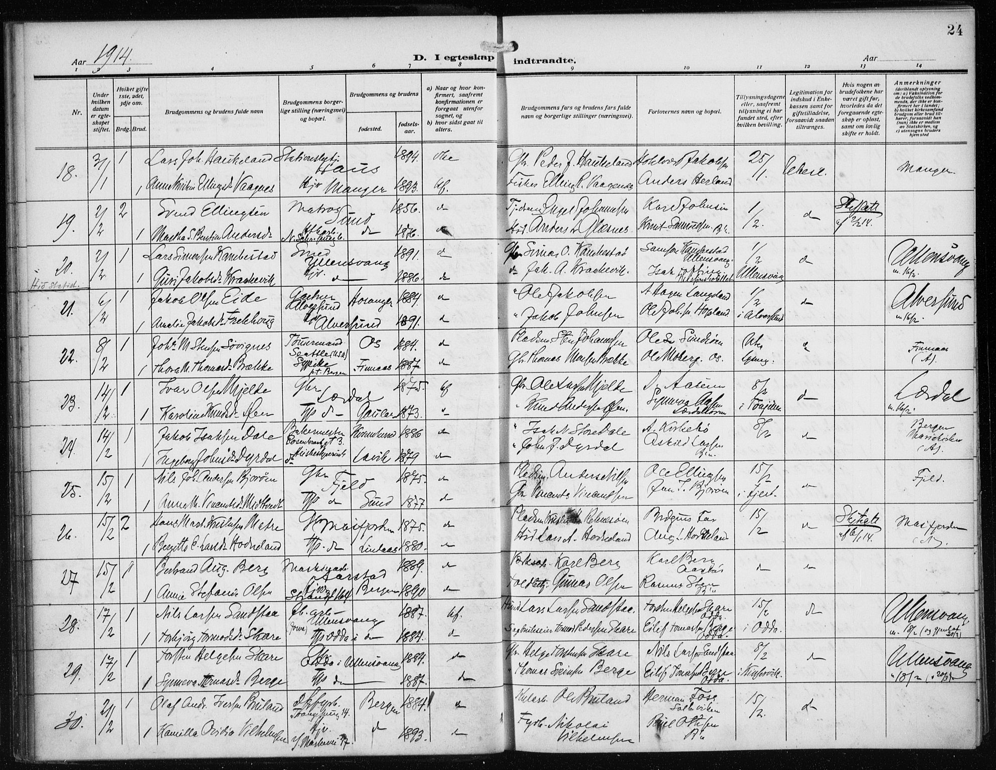Nykirken Sokneprestembete, AV/SAB-A-77101/H/Haa/L0036: Ministerialbok nr. D 6, 1913-1918, s. 24