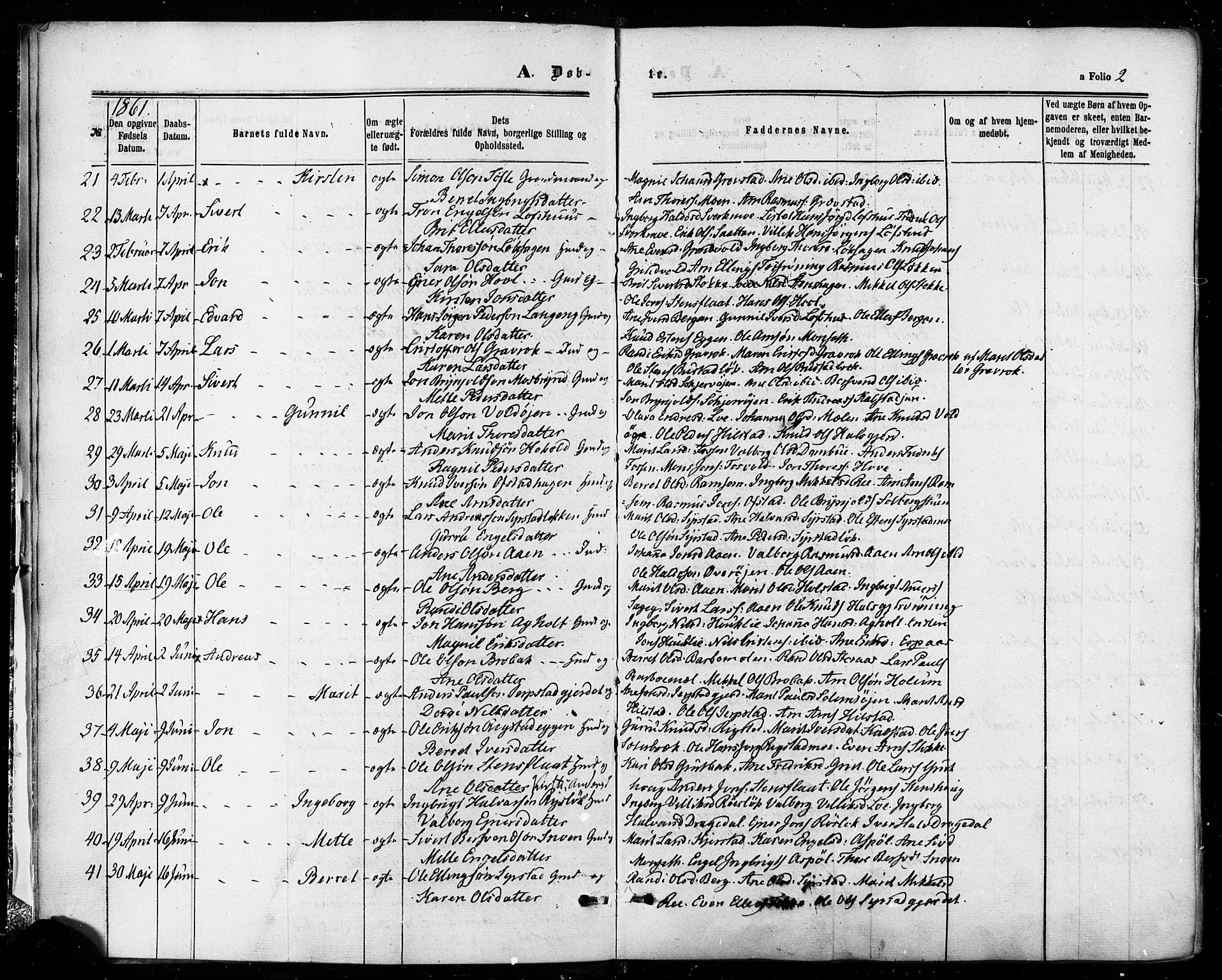 Ministerialprotokoller, klokkerbøker og fødselsregistre - Sør-Trøndelag, AV/SAT-A-1456/672/L0856: Ministerialbok nr. 672A08, 1861-1881, s. 2