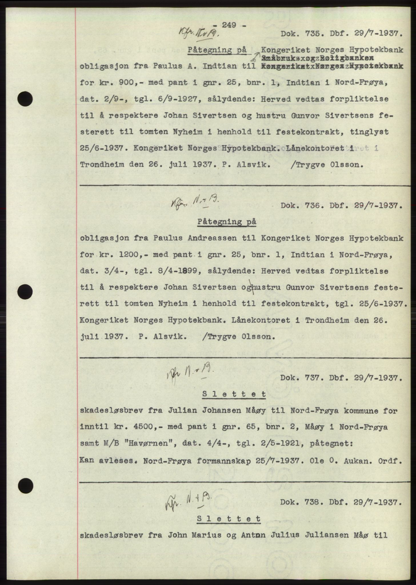 Hitra sorenskriveri, AV/SAT-A-0018/2/2C/2Ca: Pantebok nr. C1, 1936-1945, Dagboknr: 735/1937