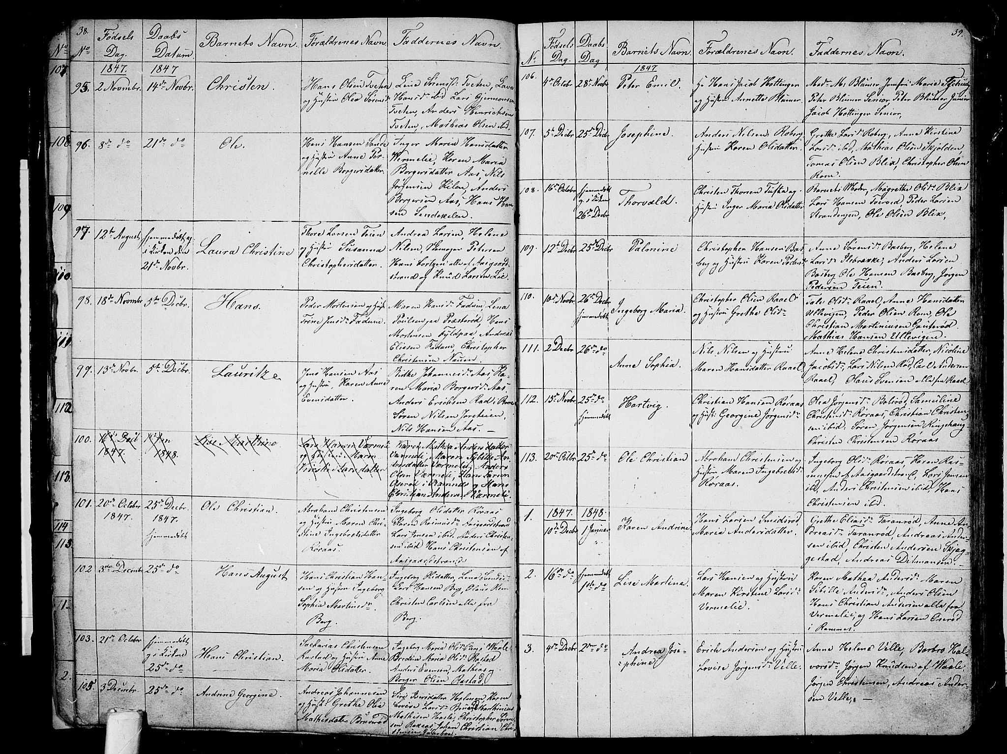 Sem kirkebøker, AV/SAKO-A-5/G/Ga/L0003: Klokkerbok nr. I 3, 1844-1855, s. 38-39