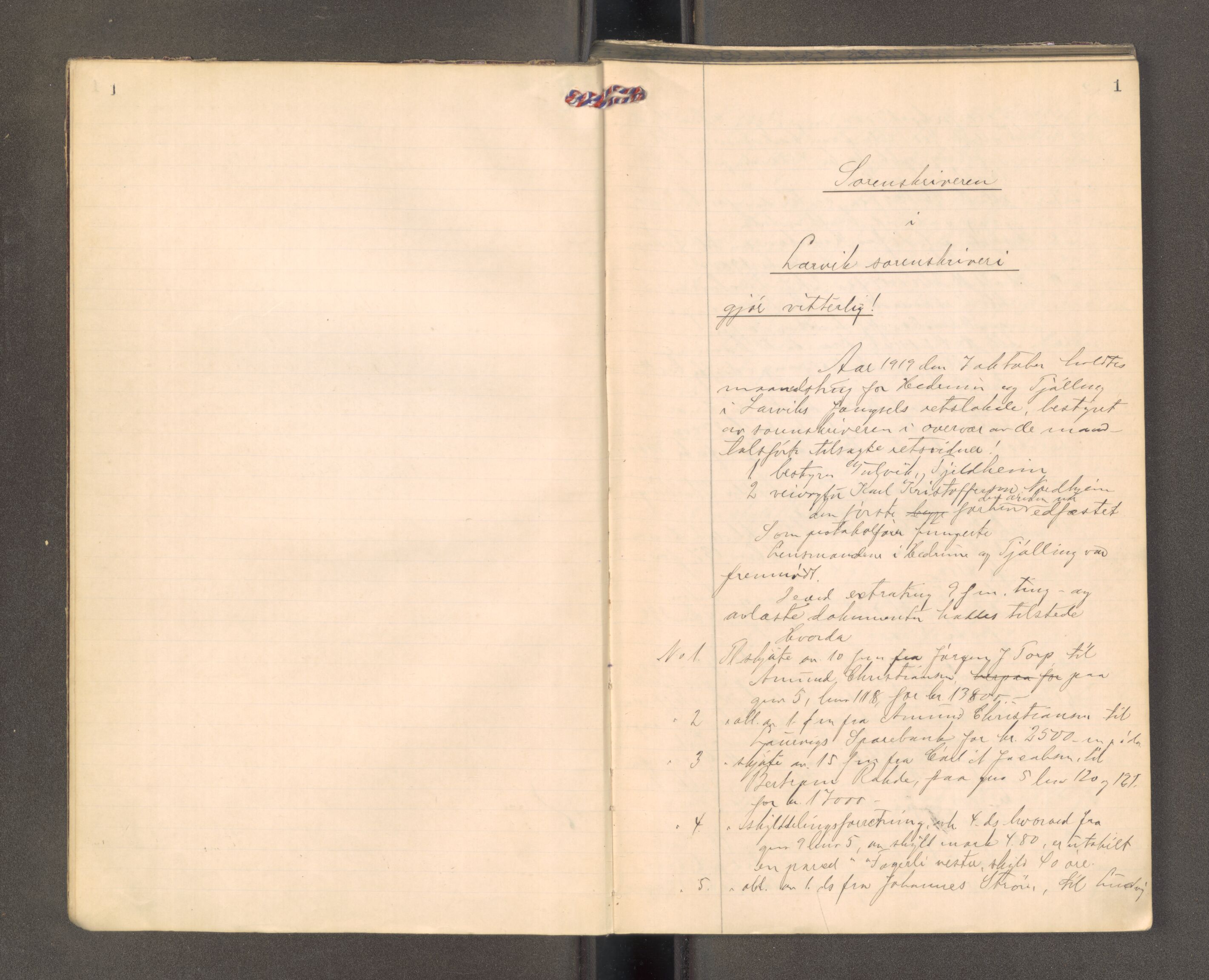 Larvik sorenskriveri, AV/SAKO-A-83/F/Fa/L0065: Tingbok, 1919-1920, s. 1