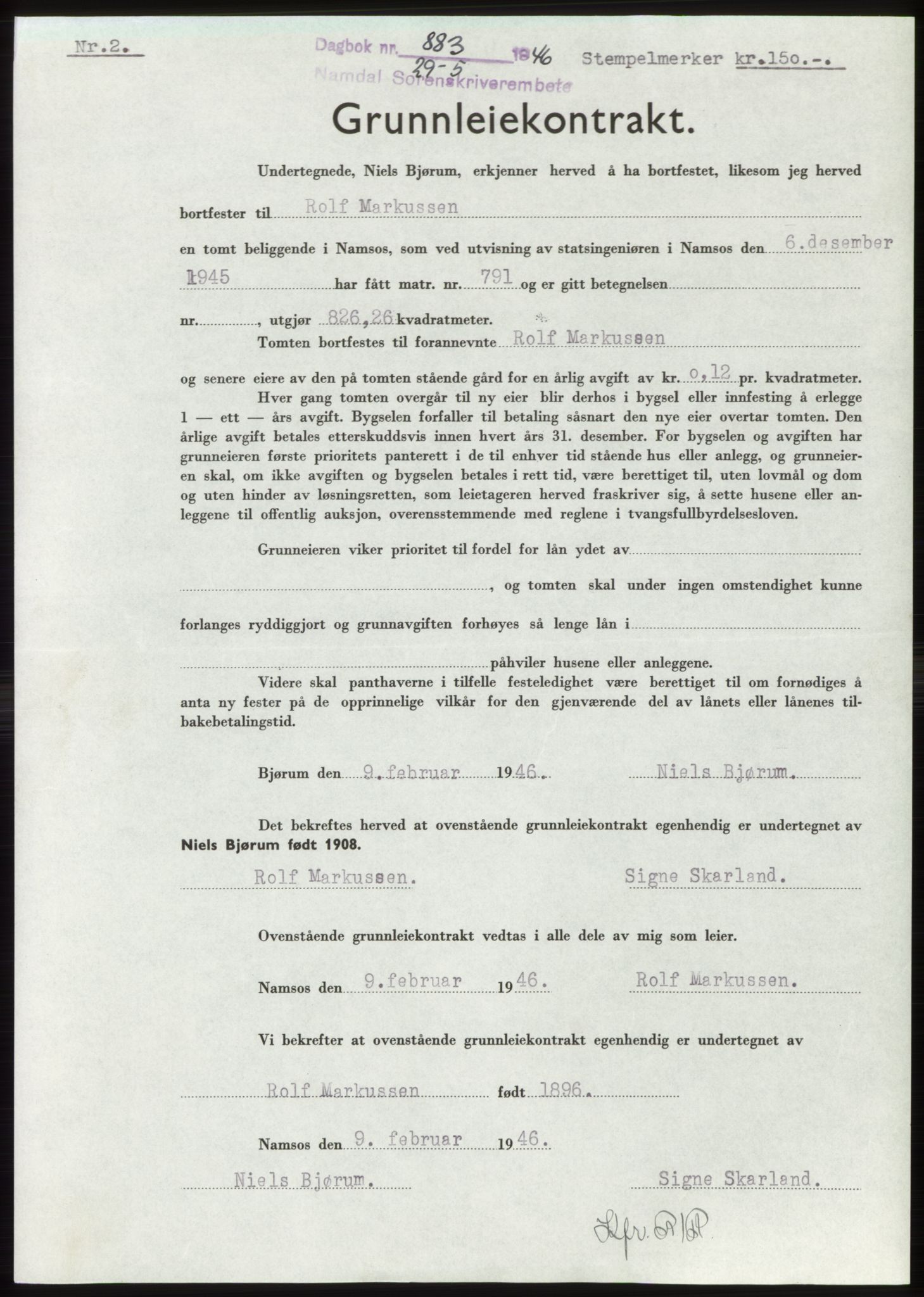 Namdal sorenskriveri, SAT/A-4133/1/2/2C: Pantebok nr. -, 1946-1946, Dagboknr: 883/1946