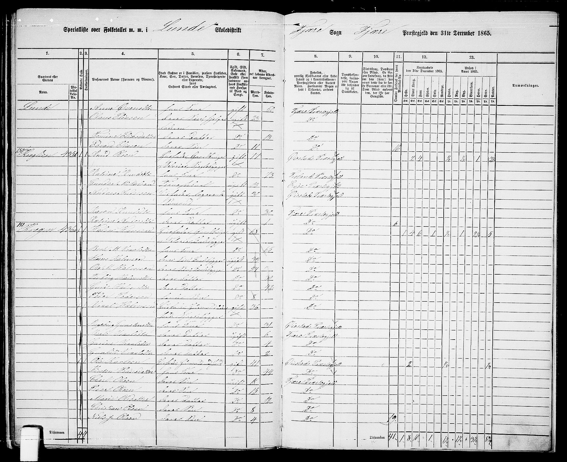 RA, Folketelling 1865 for 0923L Fjære prestegjeld, Fjære sokn, 1865, s. 170