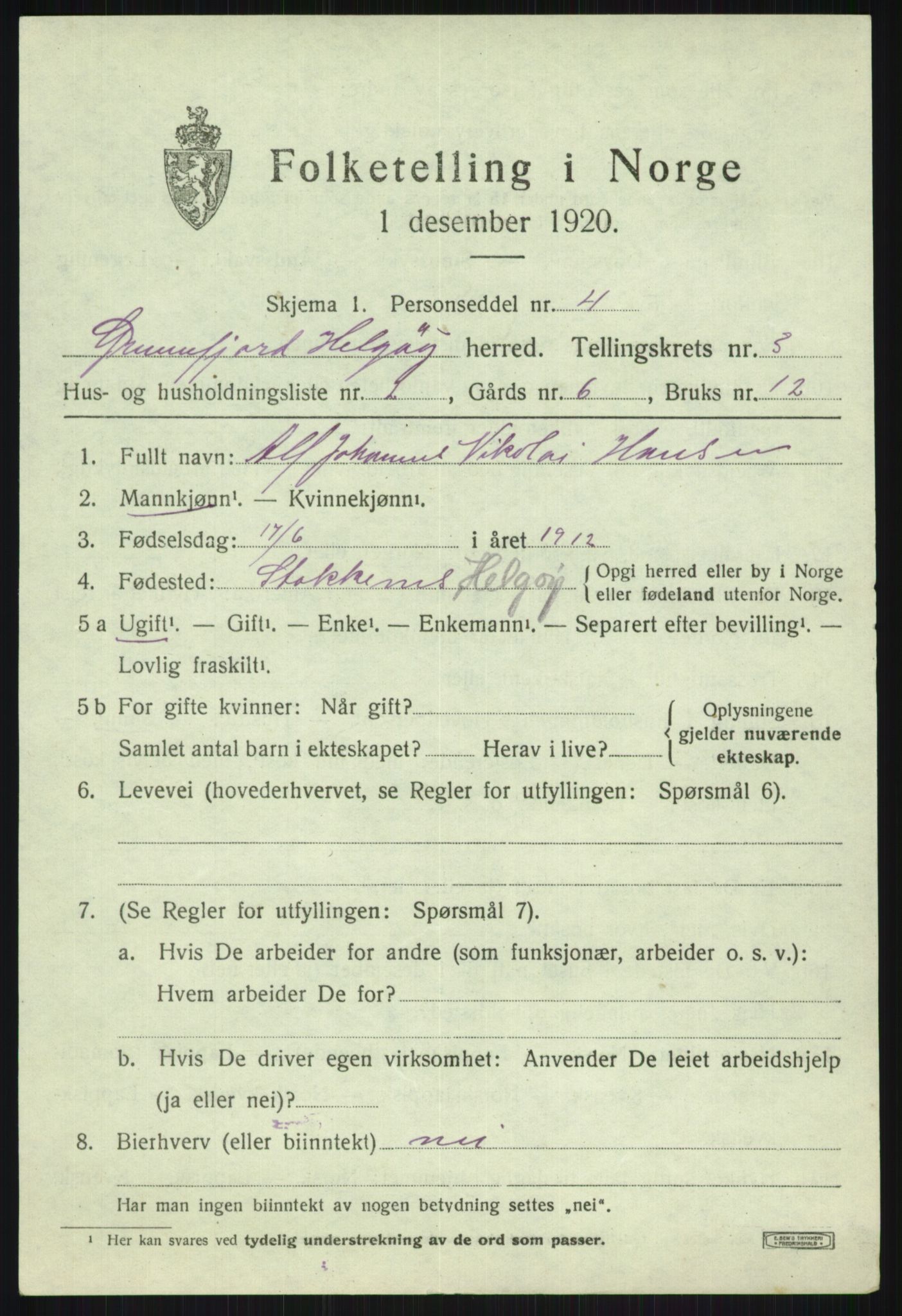 SATØ, Folketelling 1920 for 1935 Helgøy herred, 1920, s. 1399