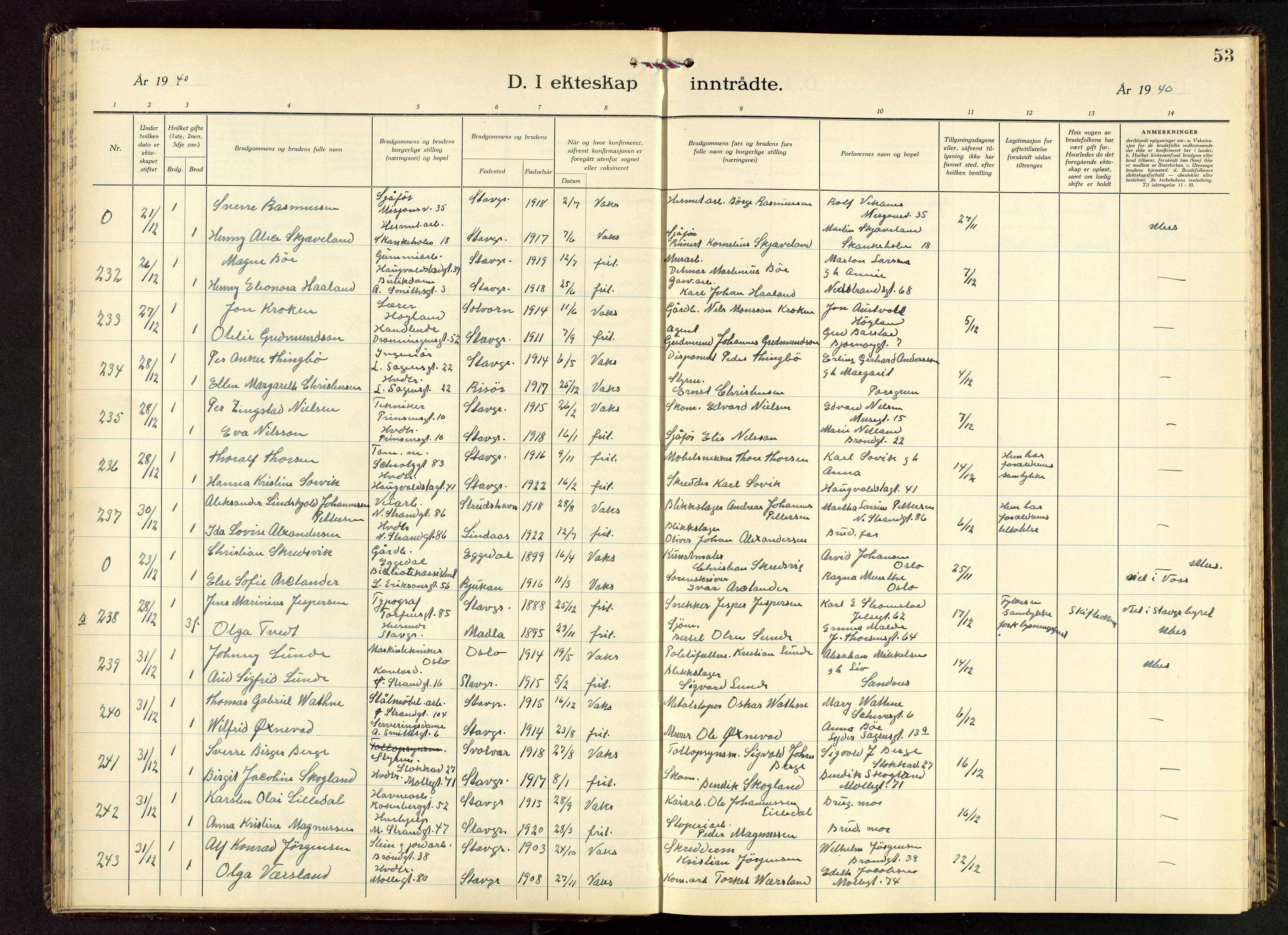 Domkirken sokneprestkontor, AV/SAST-A-101812/001/30/30BB/L0022: Klokkerbok nr. B 22, 1937-1949, s. 53