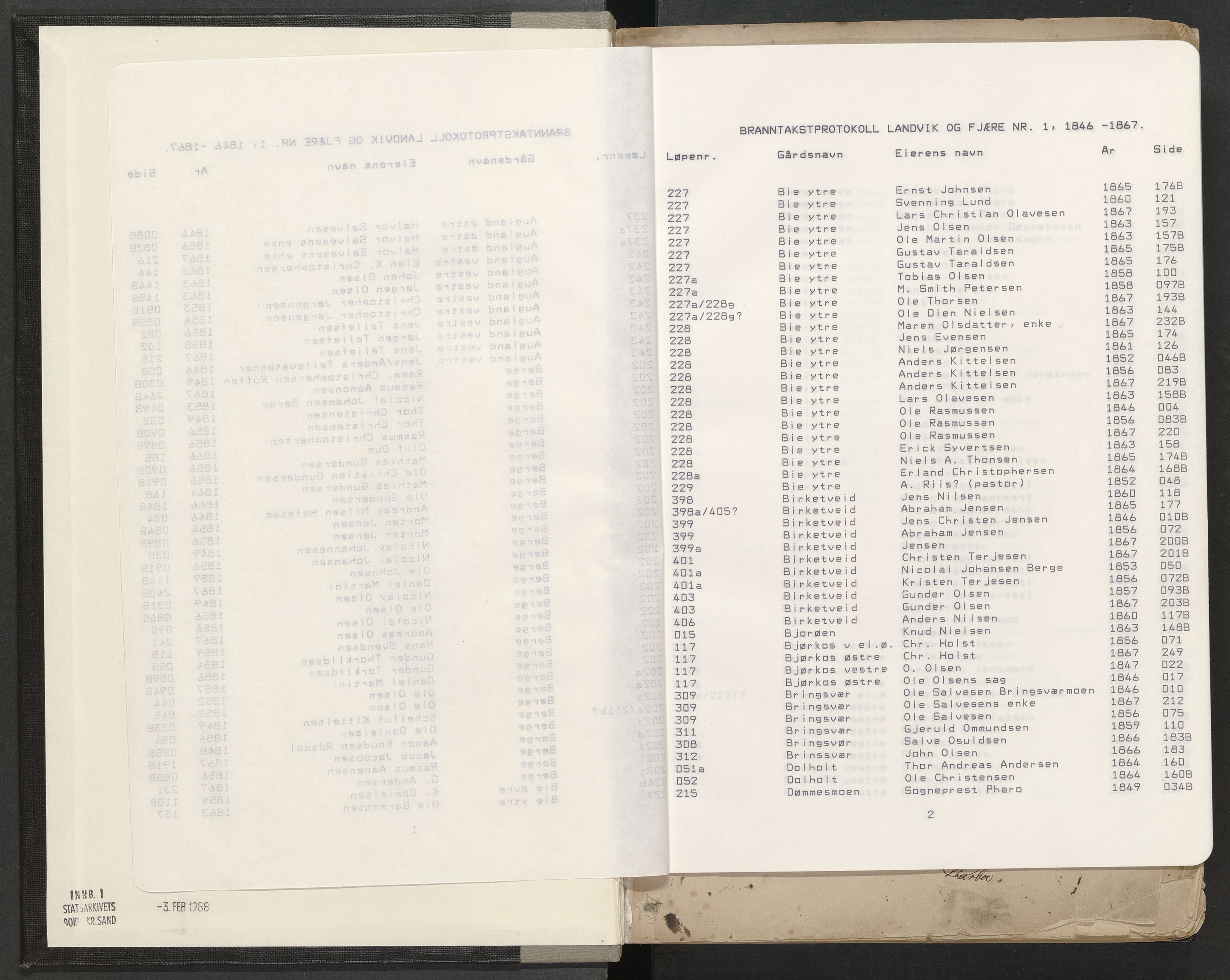 Norges Brannkasse Landvik og Fjære, AV/SAK-2241-0032/F/Fa/L0001: Branntakstprotokoll nr. 1 med gårdsnavnregister, 1846-1867