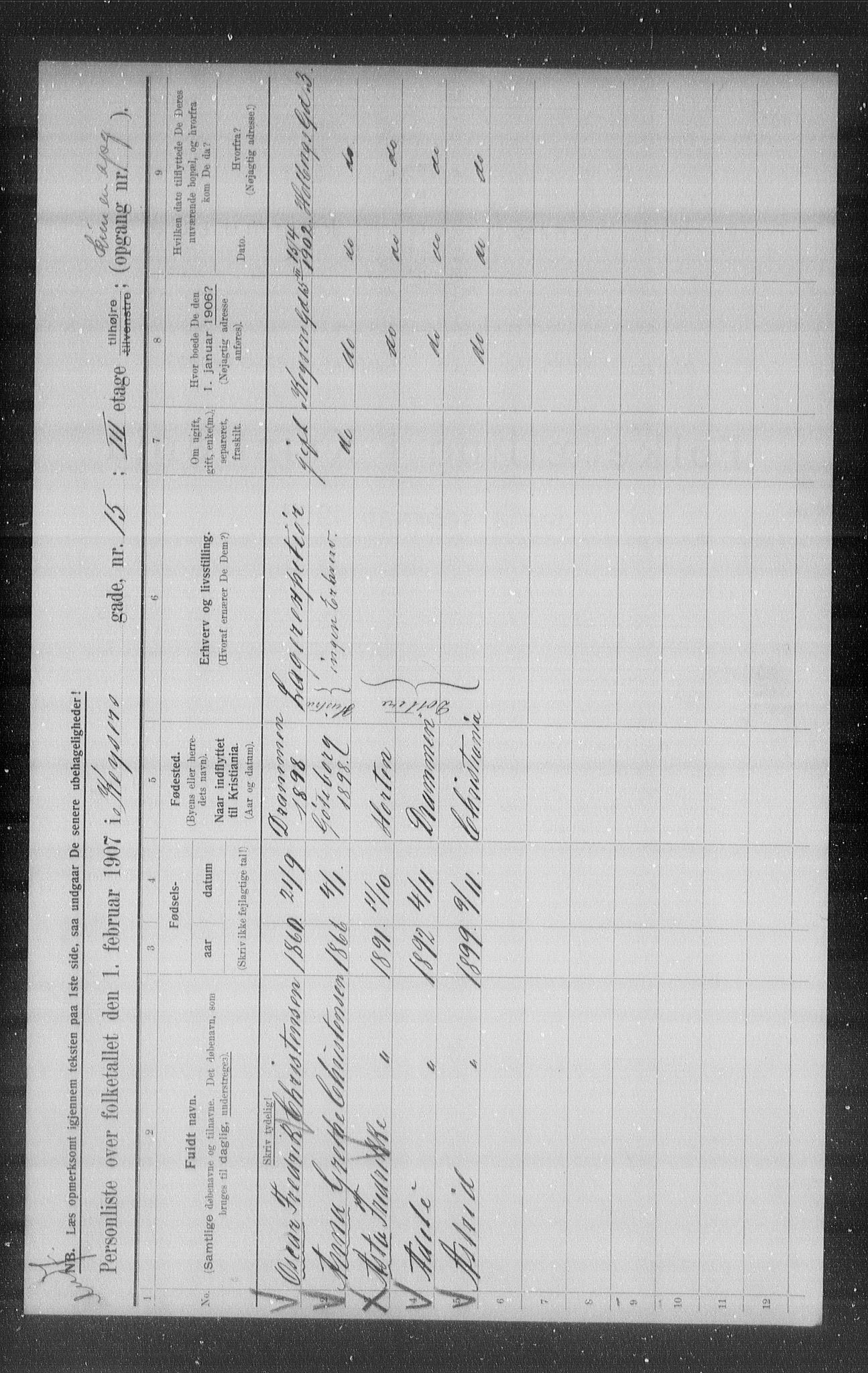 OBA, Kommunal folketelling 1.2.1907 for Kristiania kjøpstad, 1907, s. 25171