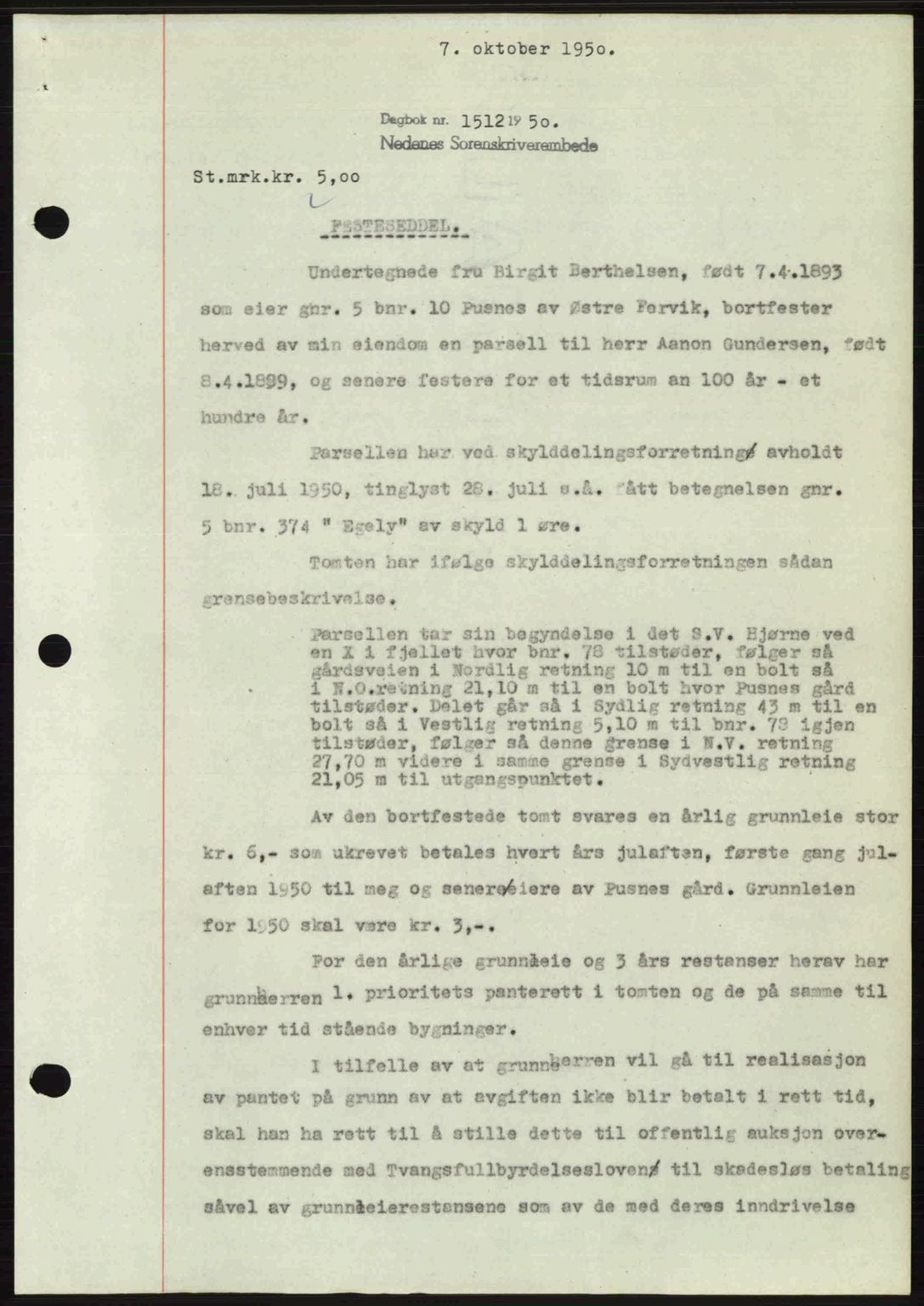 Nedenes sorenskriveri, SAK/1221-0006/G/Gb/Gba/L0063: Pantebok nr. A15, 1950-1950, Dagboknr: 1512/1950