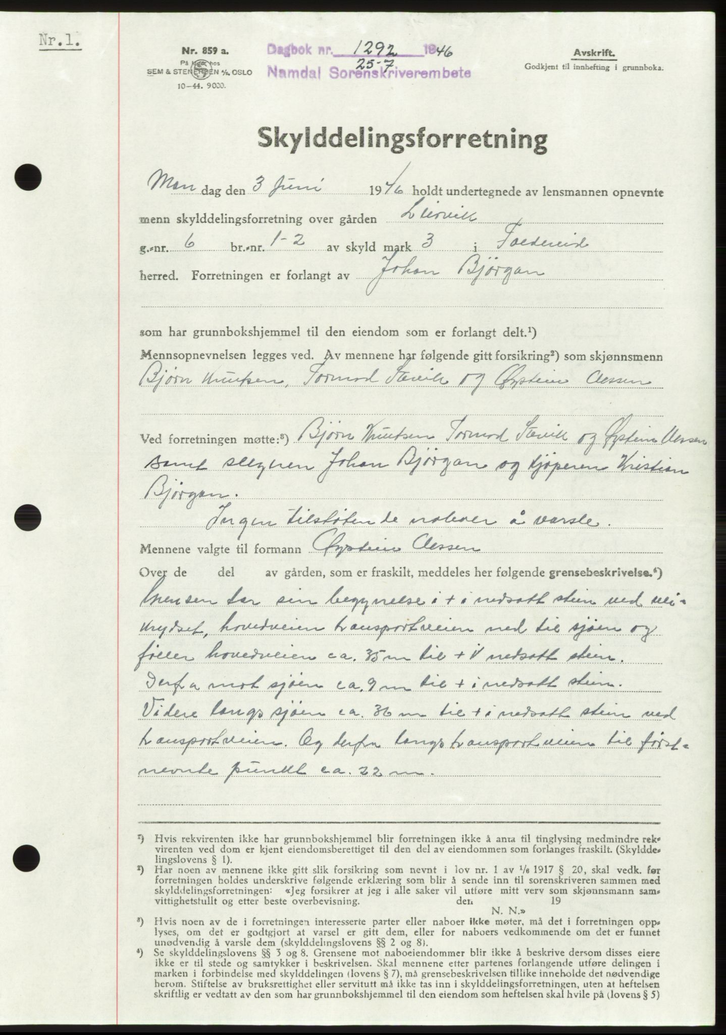 Namdal sorenskriveri, SAT/A-4133/1/2/2C: Pantebok nr. -, 1946-1946, Dagboknr: 1292/1946