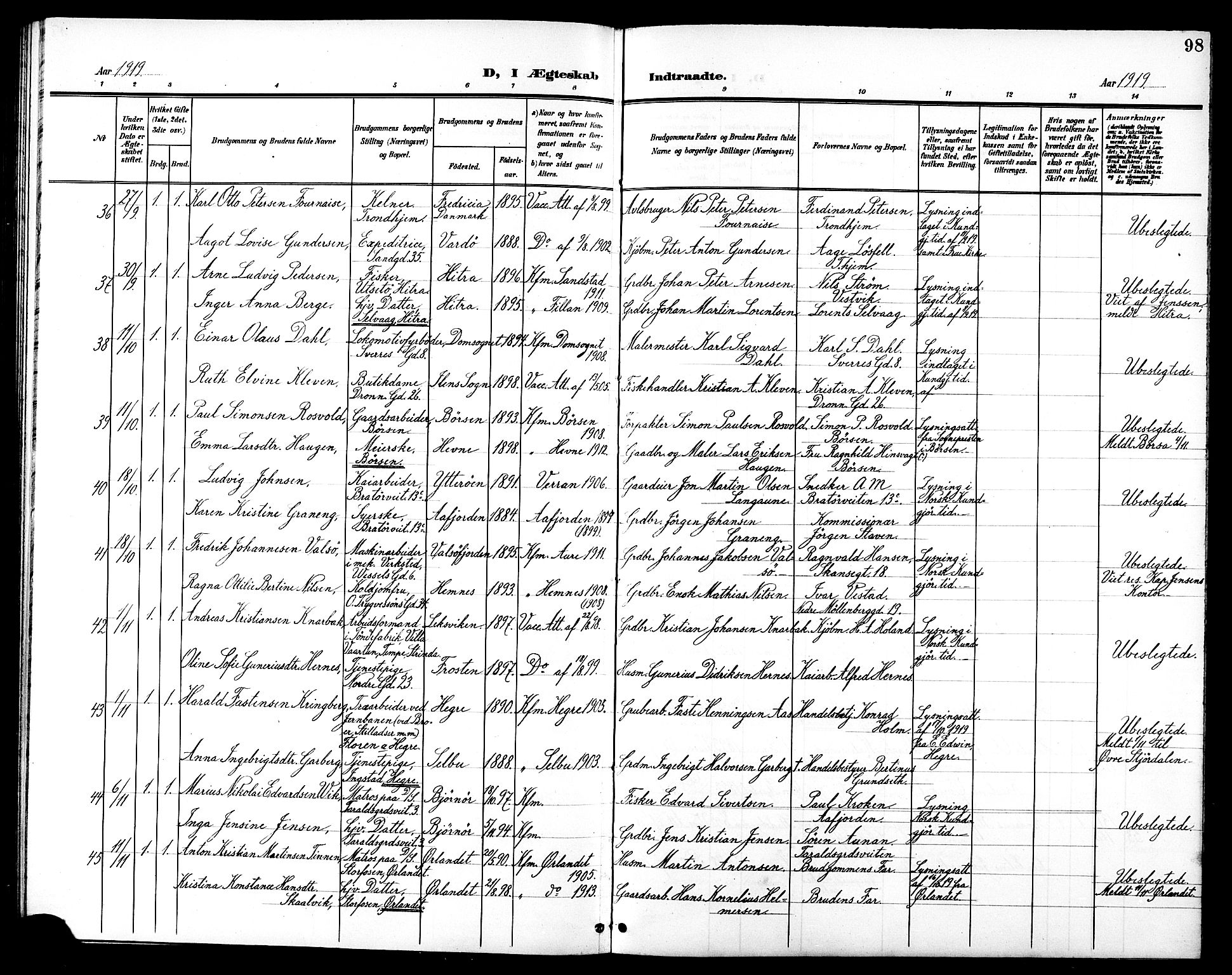 Ministerialprotokoller, klokkerbøker og fødselsregistre - Sør-Trøndelag, SAT/A-1456/602/L0145: Klokkerbok nr. 602C13, 1902-1919, s. 98