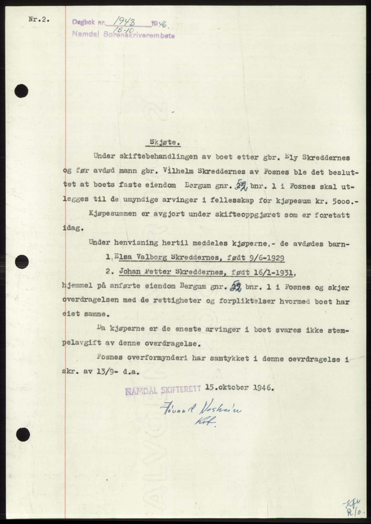 Namdal sorenskriveri, SAT/A-4133/1/2/2C: Pantebok nr. -, 1946-1947, Dagboknr: 1943/1946
