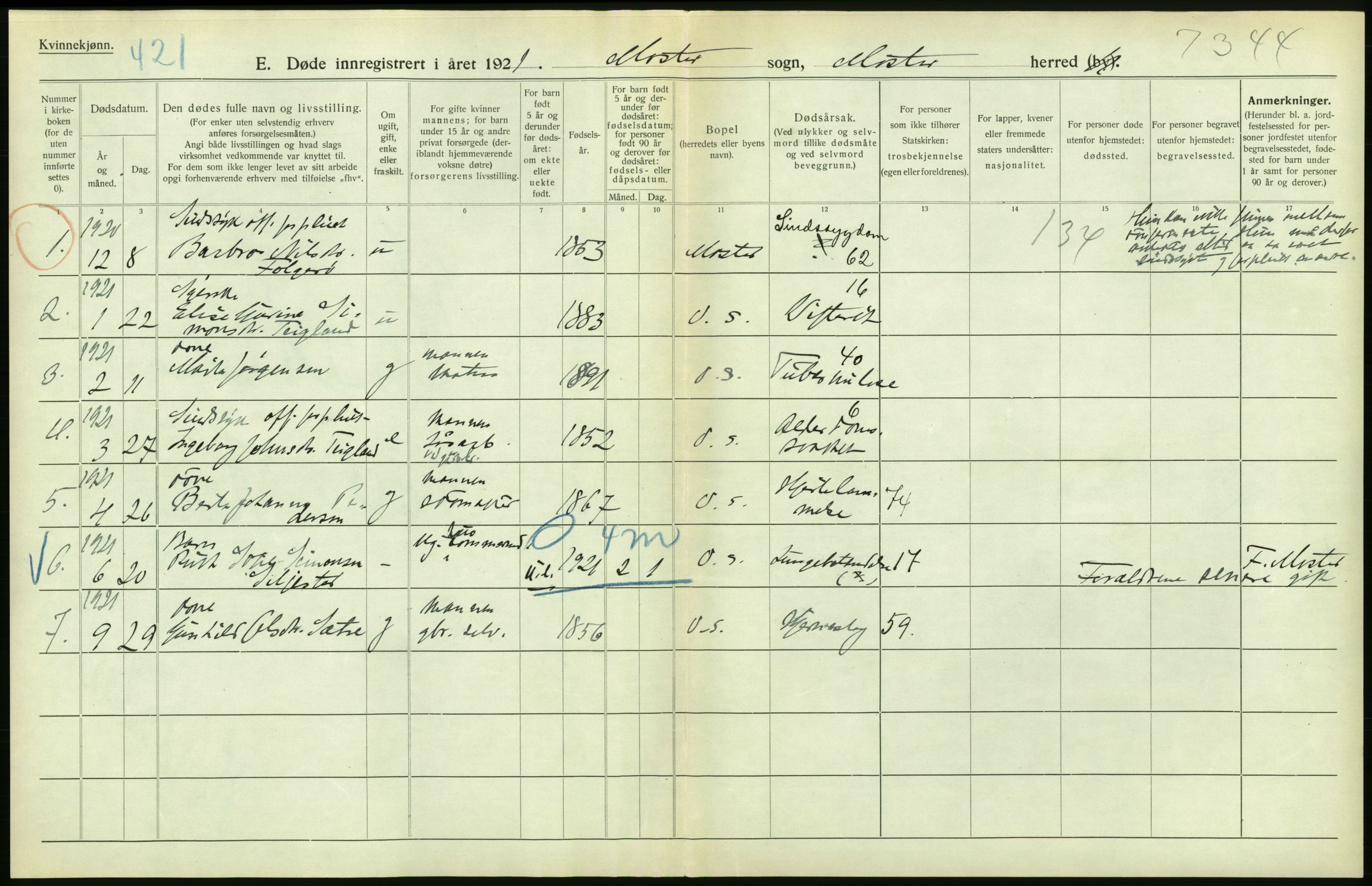 Statistisk sentralbyrå, Sosiodemografiske emner, Befolkning, AV/RA-S-2228/D/Df/Dfc/Dfca/L0033: Hordaland fylke: Døde. Bygder., 1921, s. 46