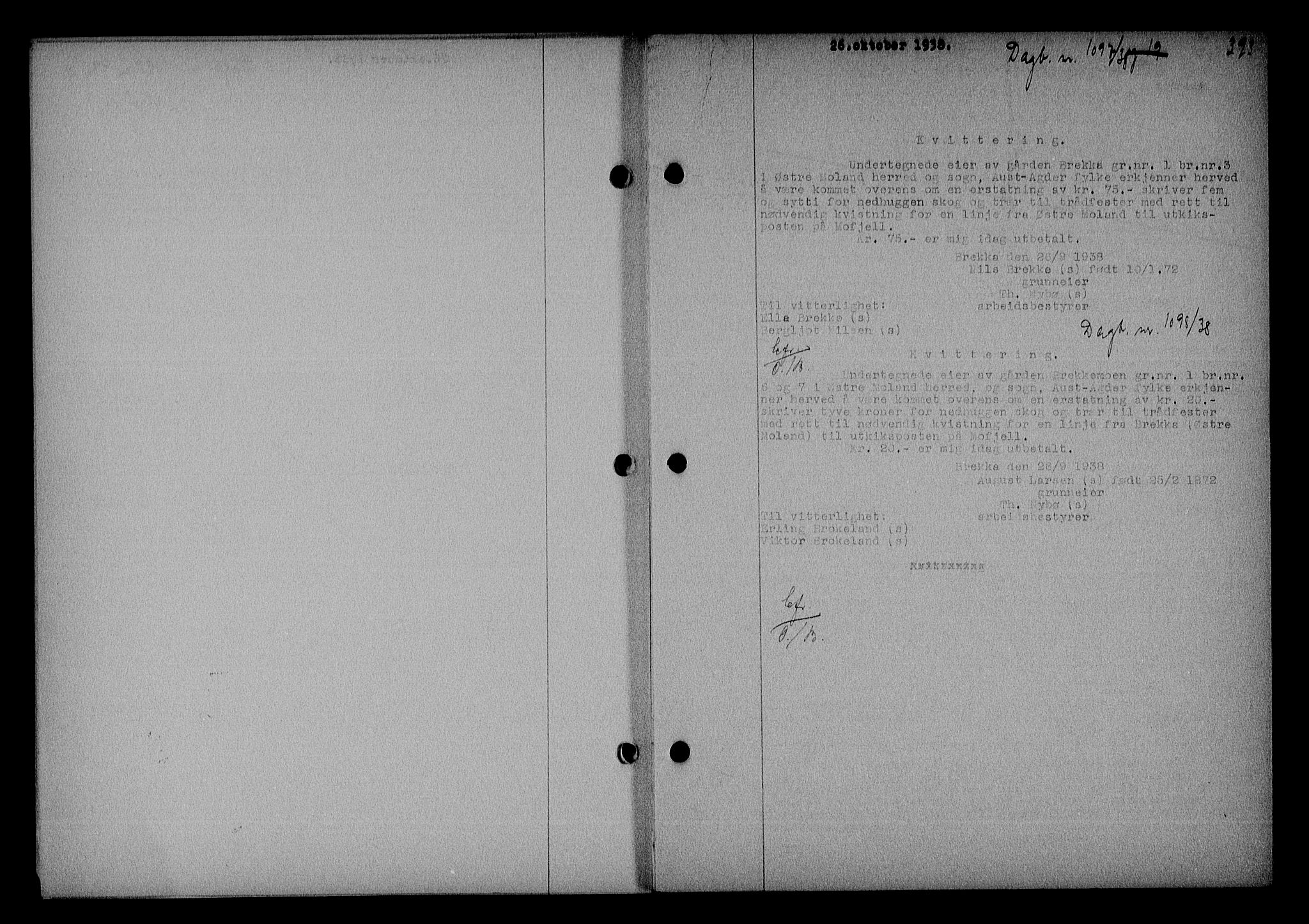 Nedenes sorenskriveri, SAK/1221-0006/G/Gb/Gba/L0045: Pantebok nr. 41, 1938-1938, Dagboknr: 1097/1938