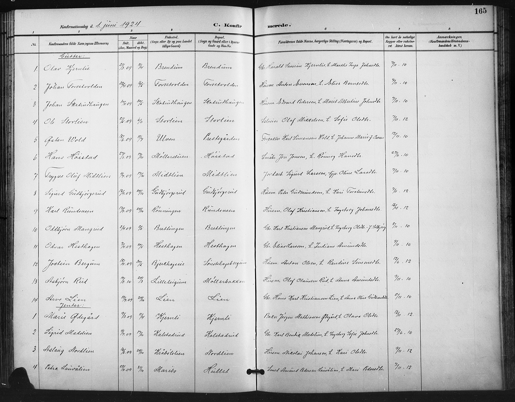 Vestre Gausdal prestekontor, AV/SAH-PREST-094/H/Ha/Hab/L0003: Klokkerbok nr. 3, 1896-1925, s. 165
