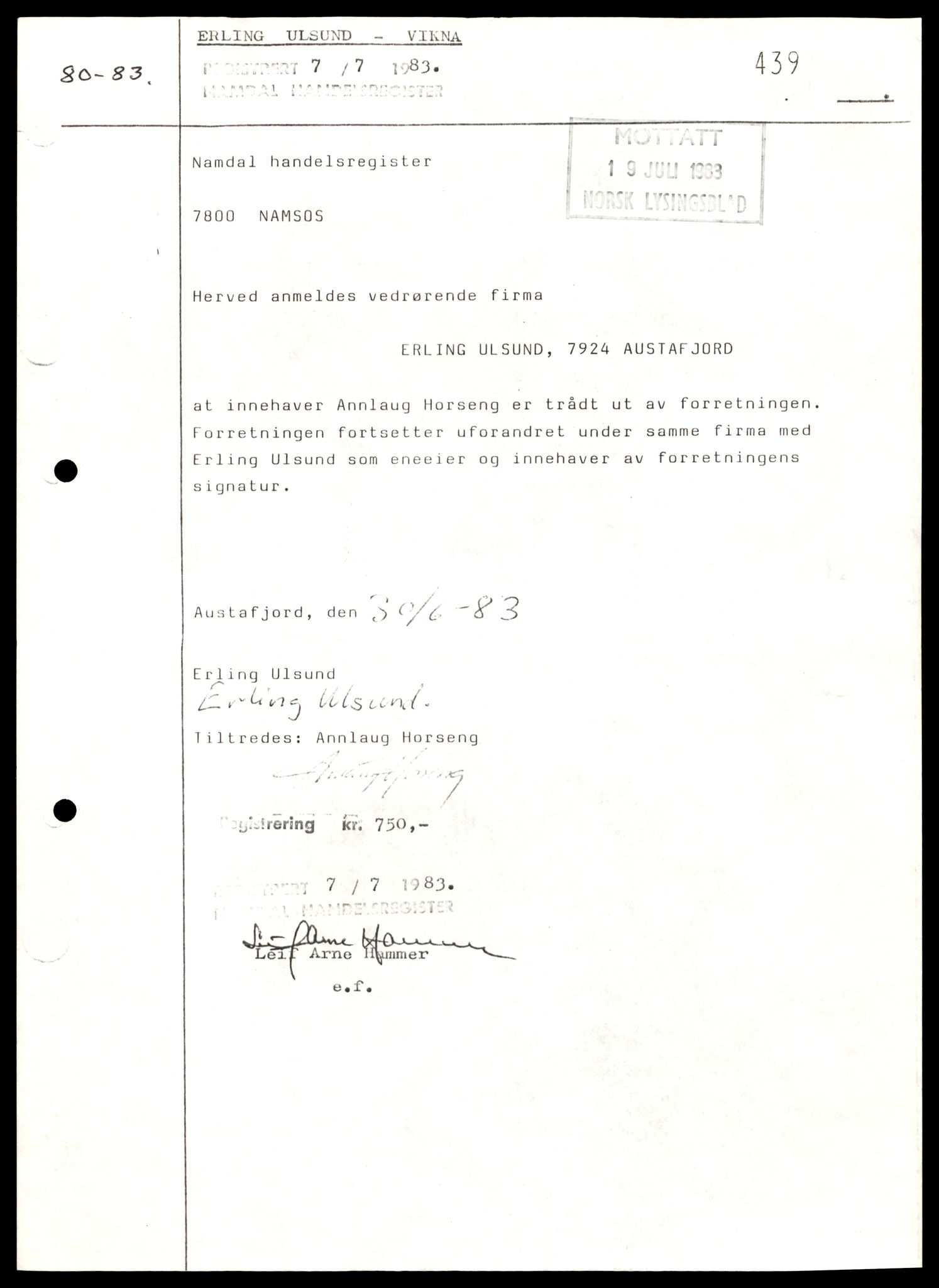 Namdal sorenskriveri, SAT/A-4133/2/J/Jd/Jda/L0012: Bilag. Kopi av registreringsmeldinger, 1983-1985, s. 1