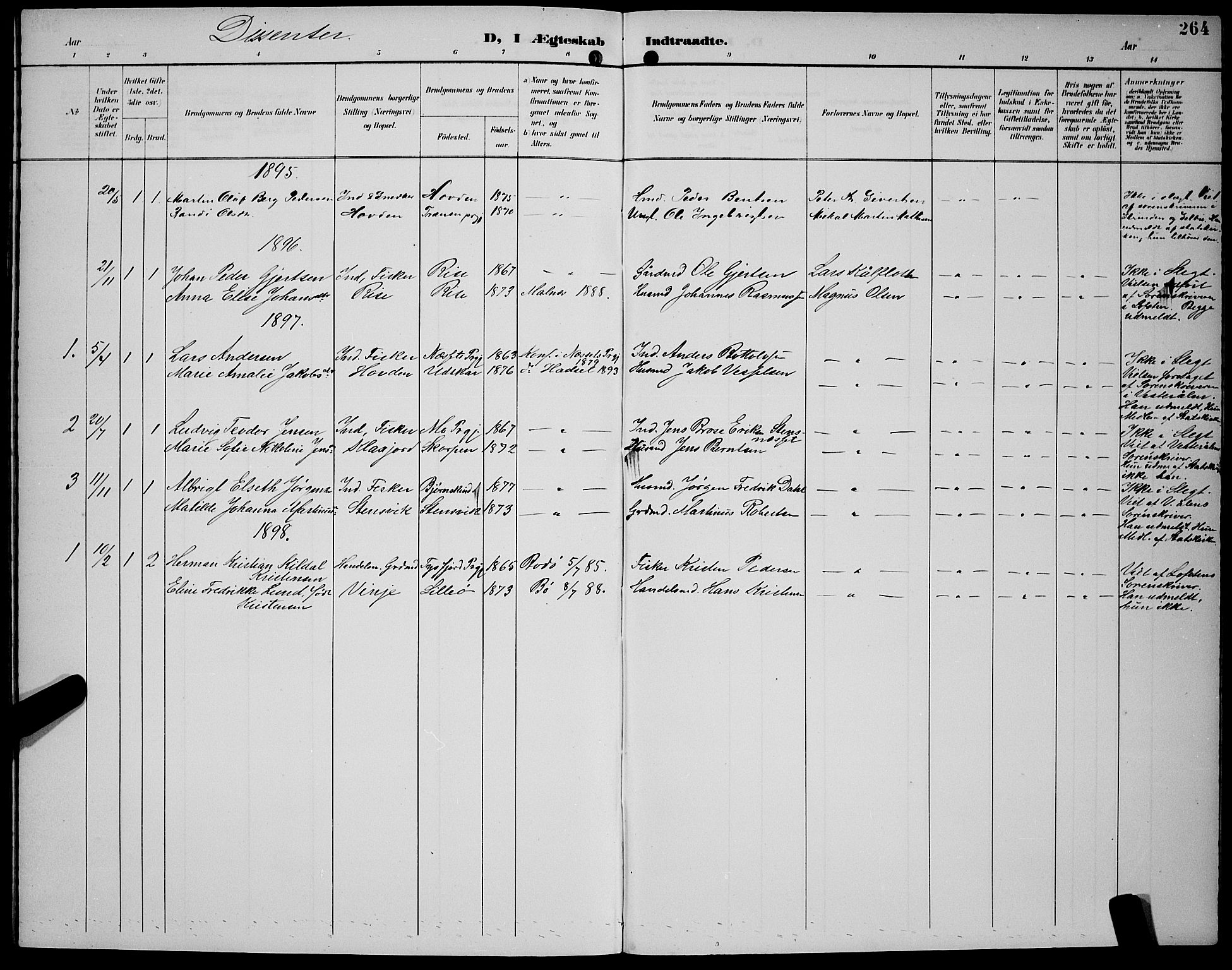 Ministerialprotokoller, klokkerbøker og fødselsregistre - Nordland, AV/SAT-A-1459/891/L1316: Klokkerbok nr. 891C05, 1894-1898, s. 264