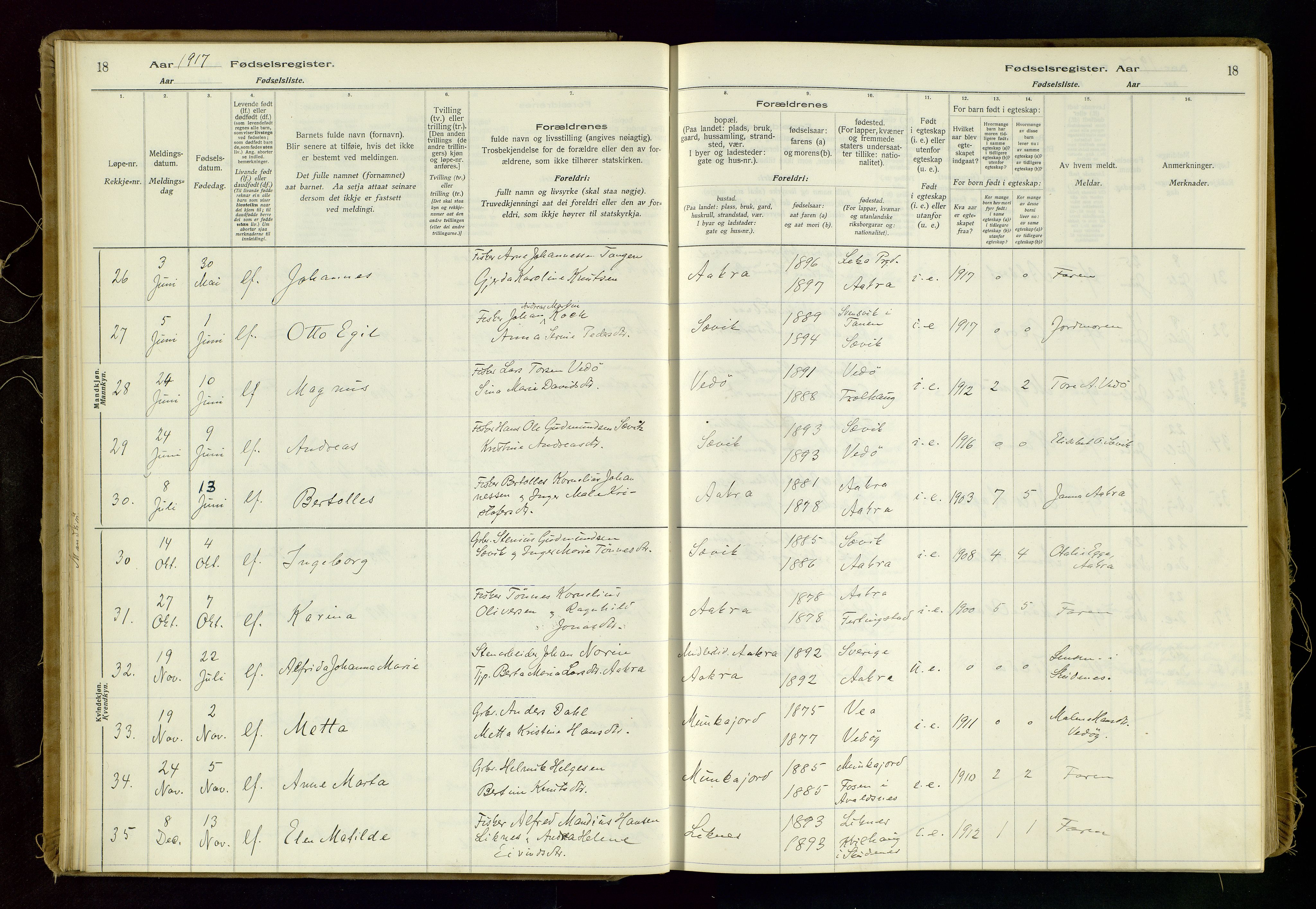 Kopervik sokneprestkontor, AV/SAST-A-101850/I/Id/L0006: Fødselsregister nr. 6, 1916-1934, s. 18