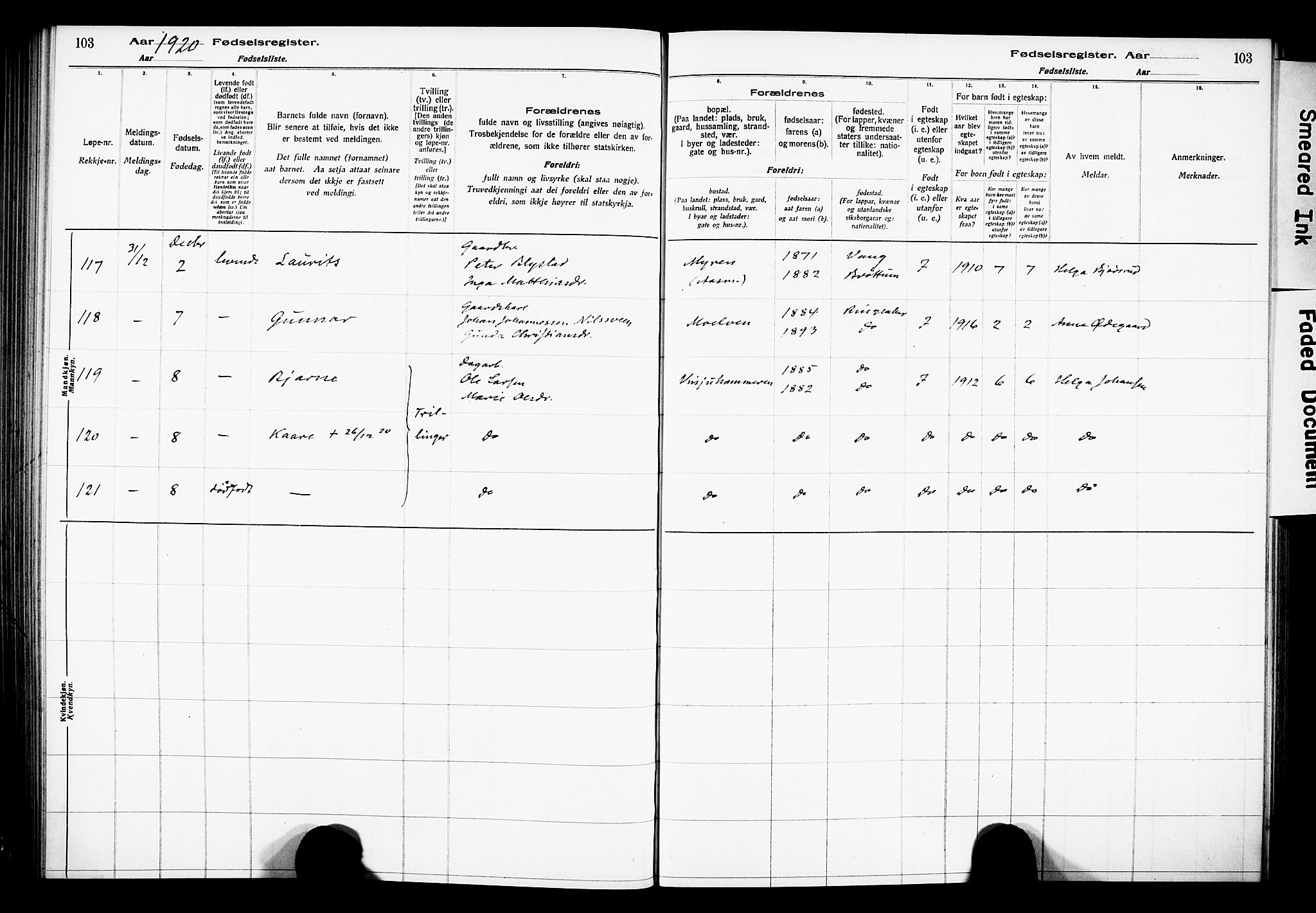 Ringsaker prestekontor, AV/SAH-PREST-014/O/Oa/L0001: Fødselsregister nr. 1, 1916-1925, s. 103