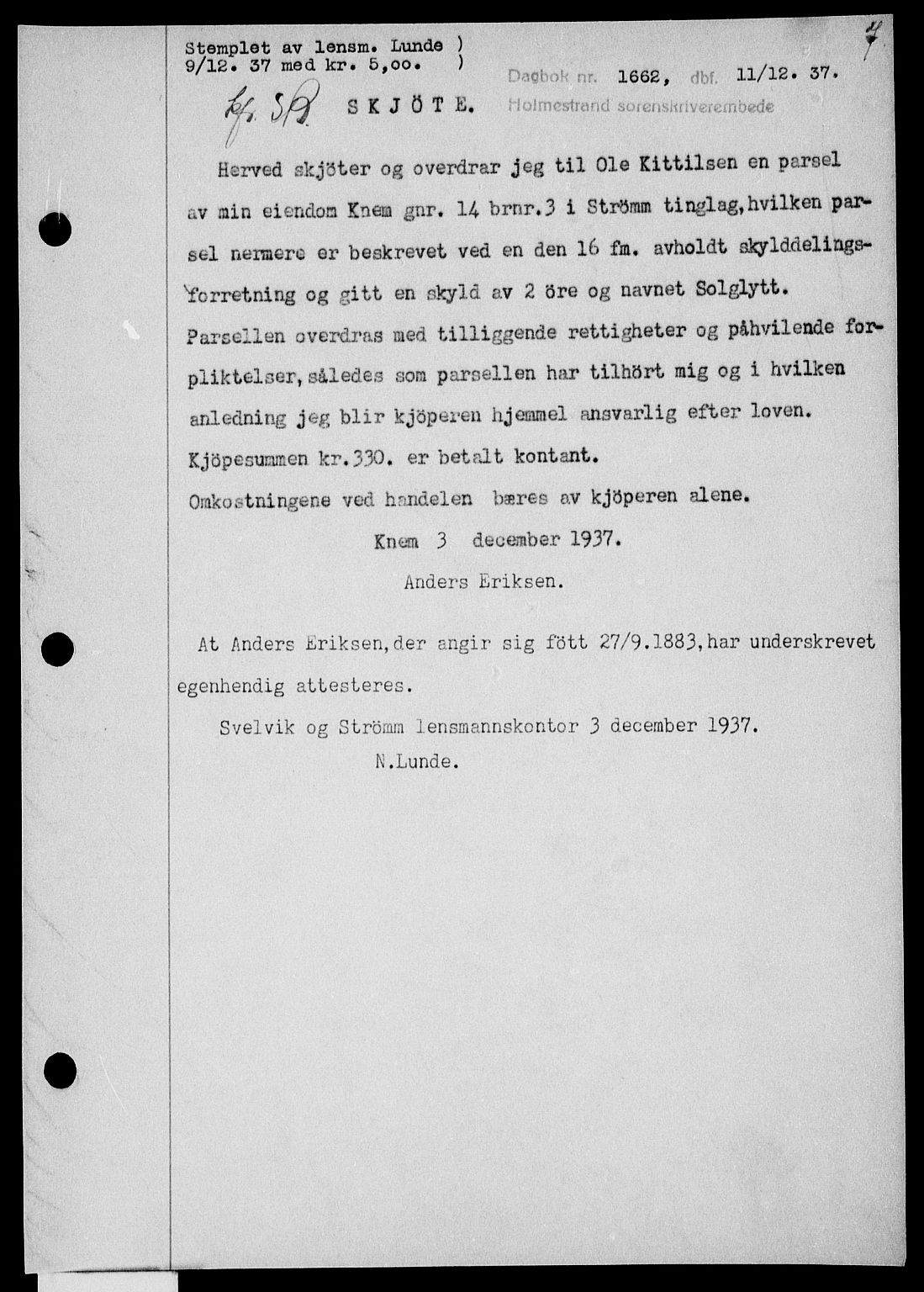 Holmestrand sorenskriveri, SAKO/A-67/G/Ga/Gaa/L0049: Pantebok nr. A-49, 1937-1938, Dagboknr: 1662/1937