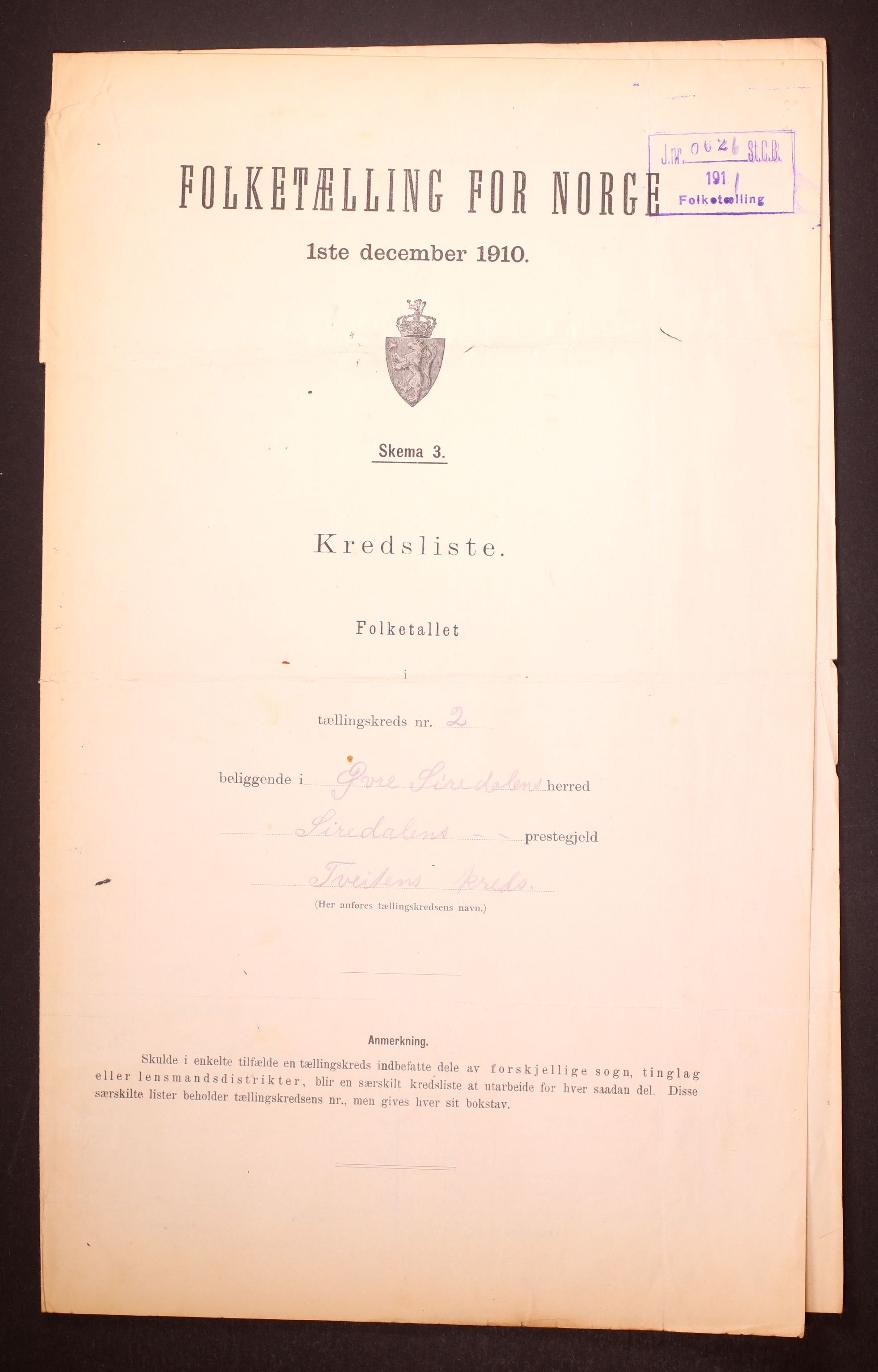RA, Folketelling 1910 for 1047 Øvre Sirdal herred, 1910, s. 7