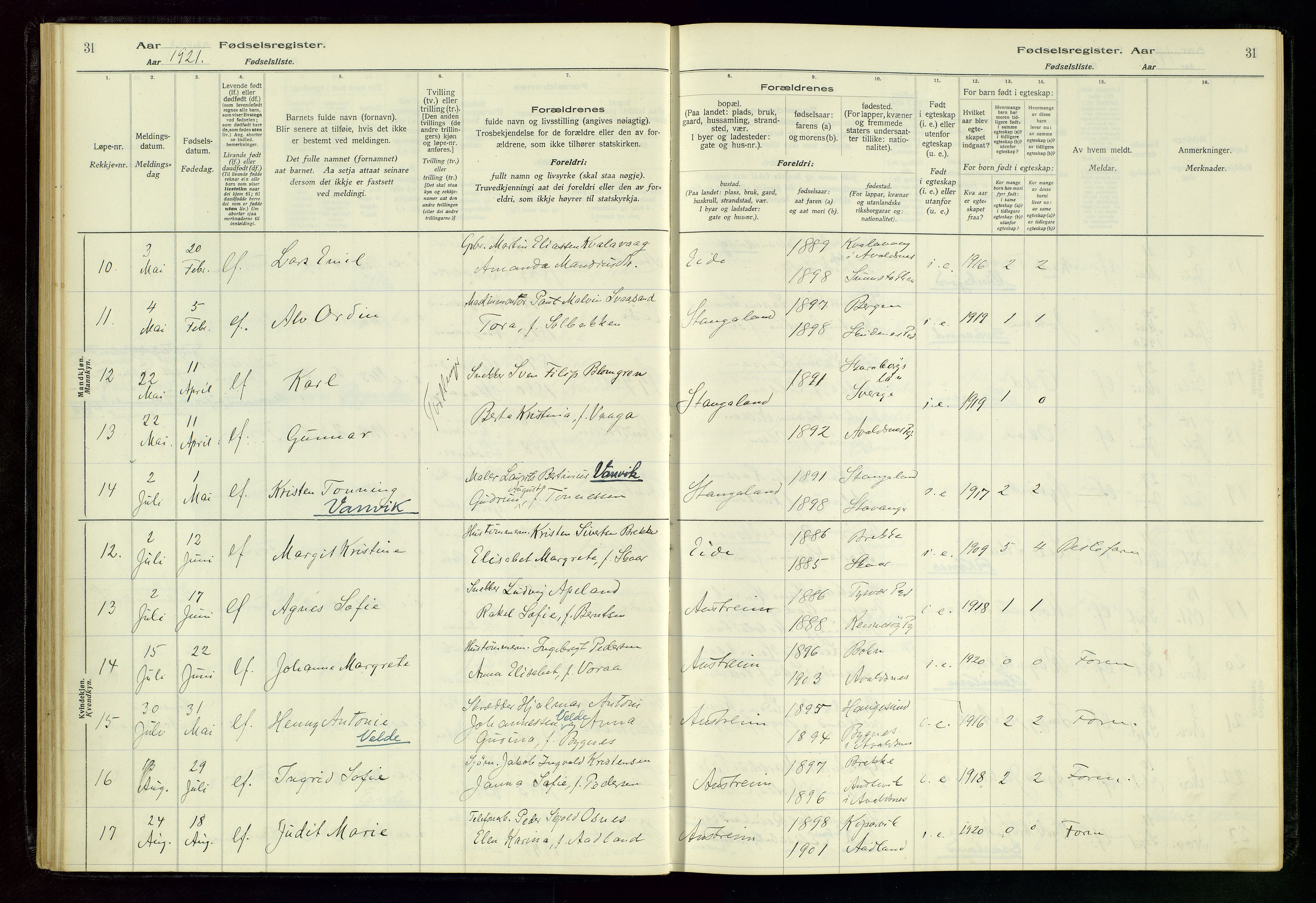 Kopervik sokneprestkontor, AV/SAST-A-101850/I/Id/L0004: Fødselsregister nr. 4, 1916-1958, s. 31