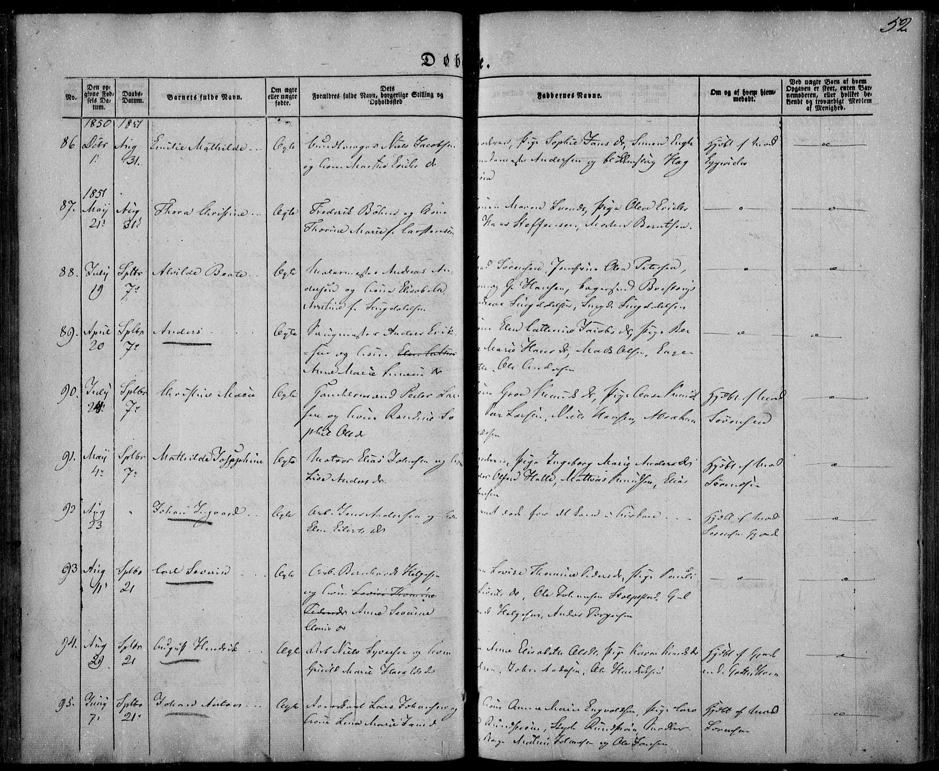 Larvik kirkebøker, AV/SAKO-A-352/F/Fa/L0003: Ministerialbok nr. I 3, 1848-1856, s. 52