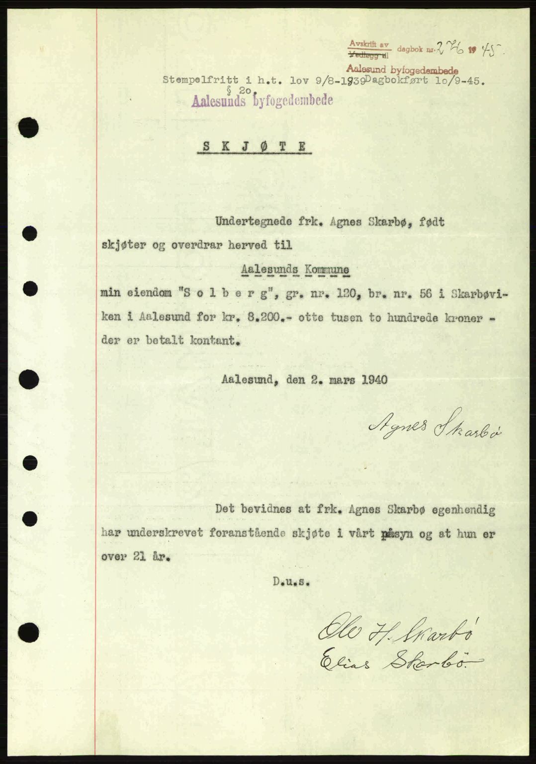Ålesund byfogd, SAT/A-4384: Pantebok nr. 36a, 1944-1945, Dagboknr: 276/1945