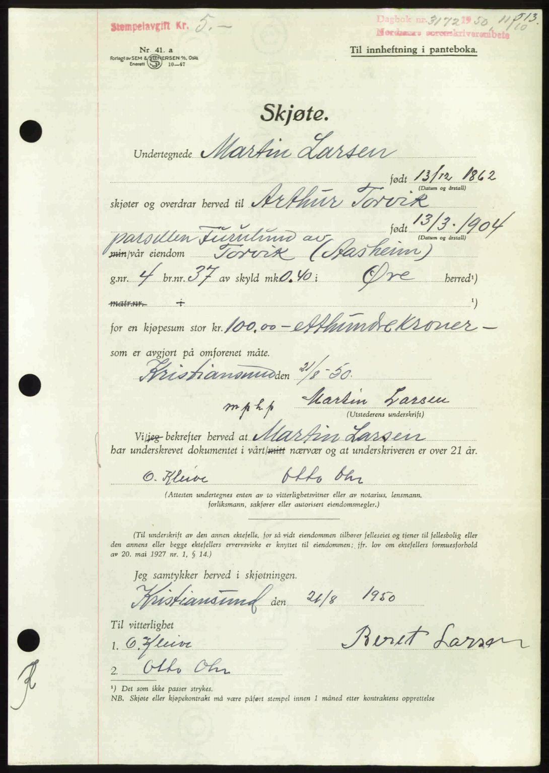 Nordmøre sorenskriveri, AV/SAT-A-4132/1/2/2Ca: Pantebok nr. A116, 1950-1950, Dagboknr: 3172/1950