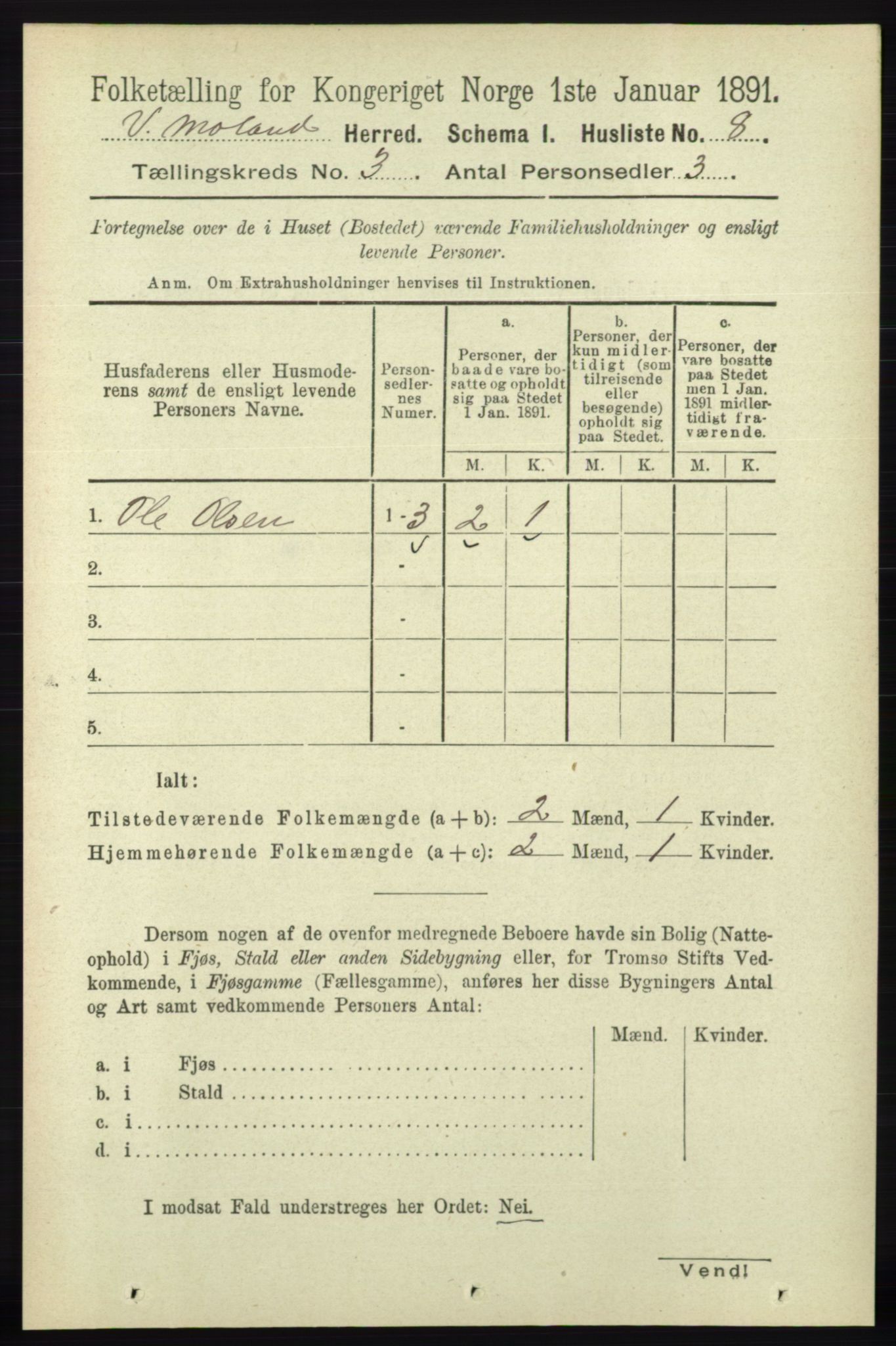 RA, Folketelling 1891 for 0926 Vestre Moland herred, 1891, s. 929