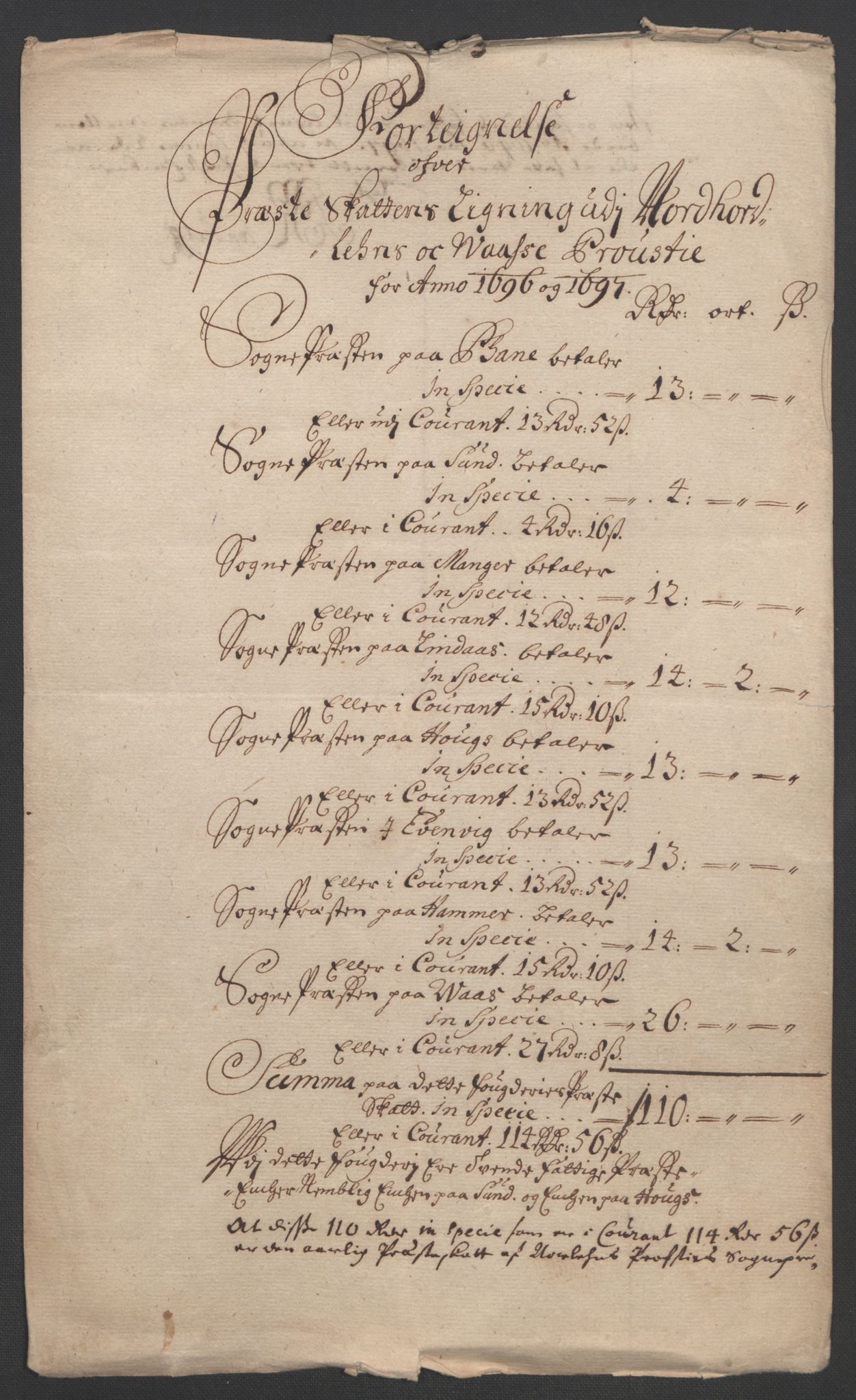 Rentekammeret inntil 1814, Reviderte regnskaper, Fogderegnskap, AV/RA-EA-4092/R51/L3183: Fogderegnskap Nordhordland og Voss, 1695-1697, s. 431