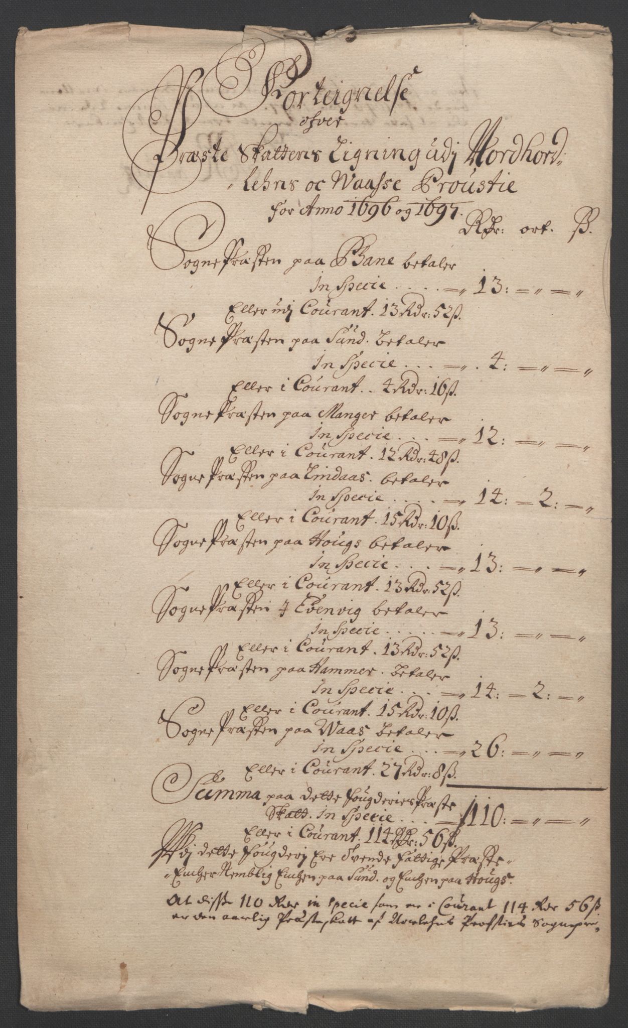 Rentekammeret inntil 1814, Reviderte regnskaper, Fogderegnskap, RA/EA-4092/R51/L3183: Fogderegnskap Nordhordland og Voss, 1695-1697, s. 431