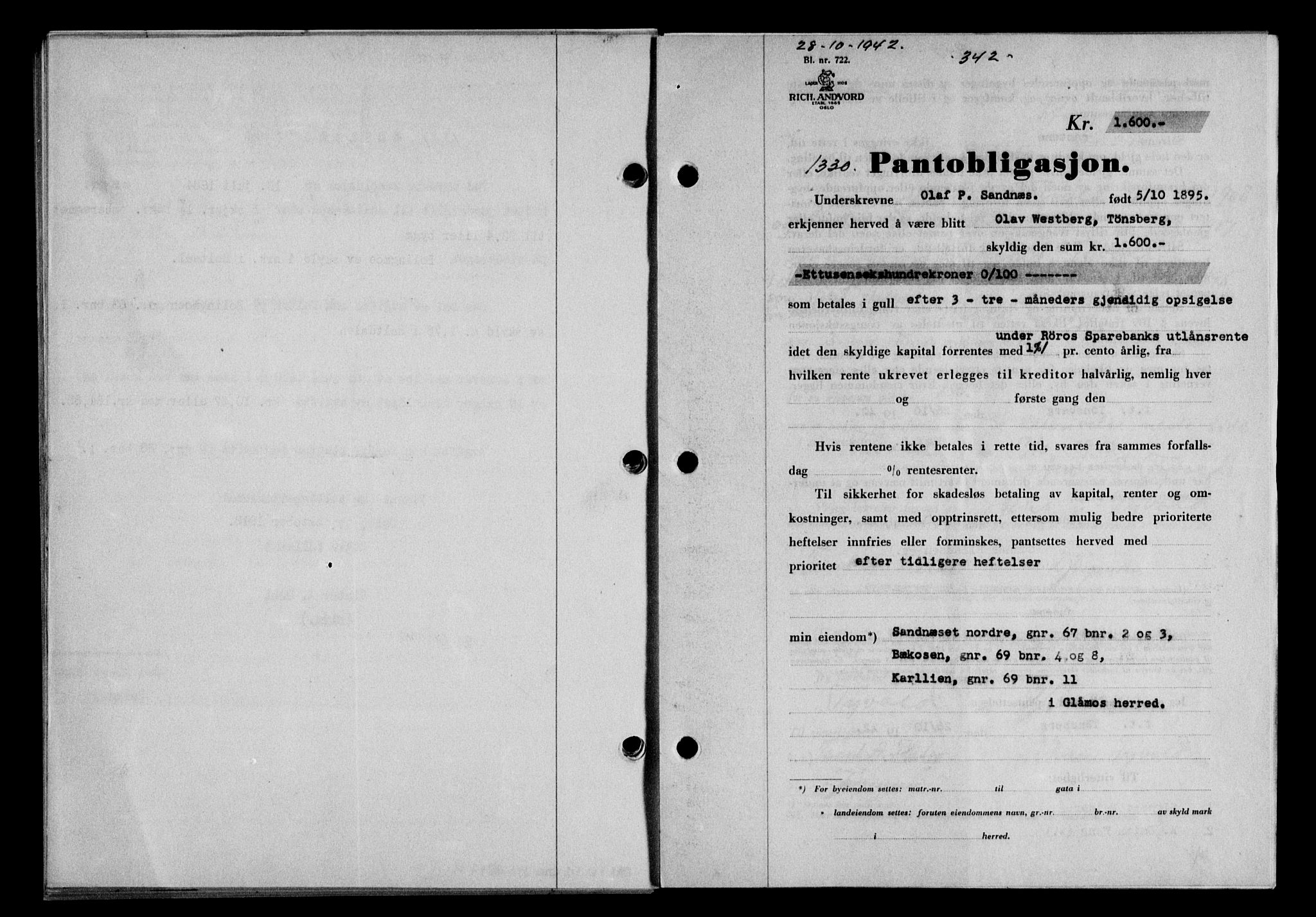 Gauldal sorenskriveri, SAT/A-0014/1/2/2C/L0055: Pantebok nr. 60, 1942-1942, Dagboknr: 1330/1942