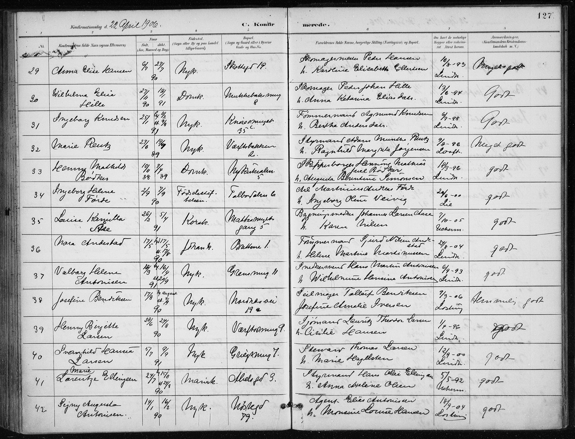 Nykirken Sokneprestembete, AV/SAB-A-77101/H/Haa/L0028: Ministerialbok nr. C 7, 1887-1913, s. 127