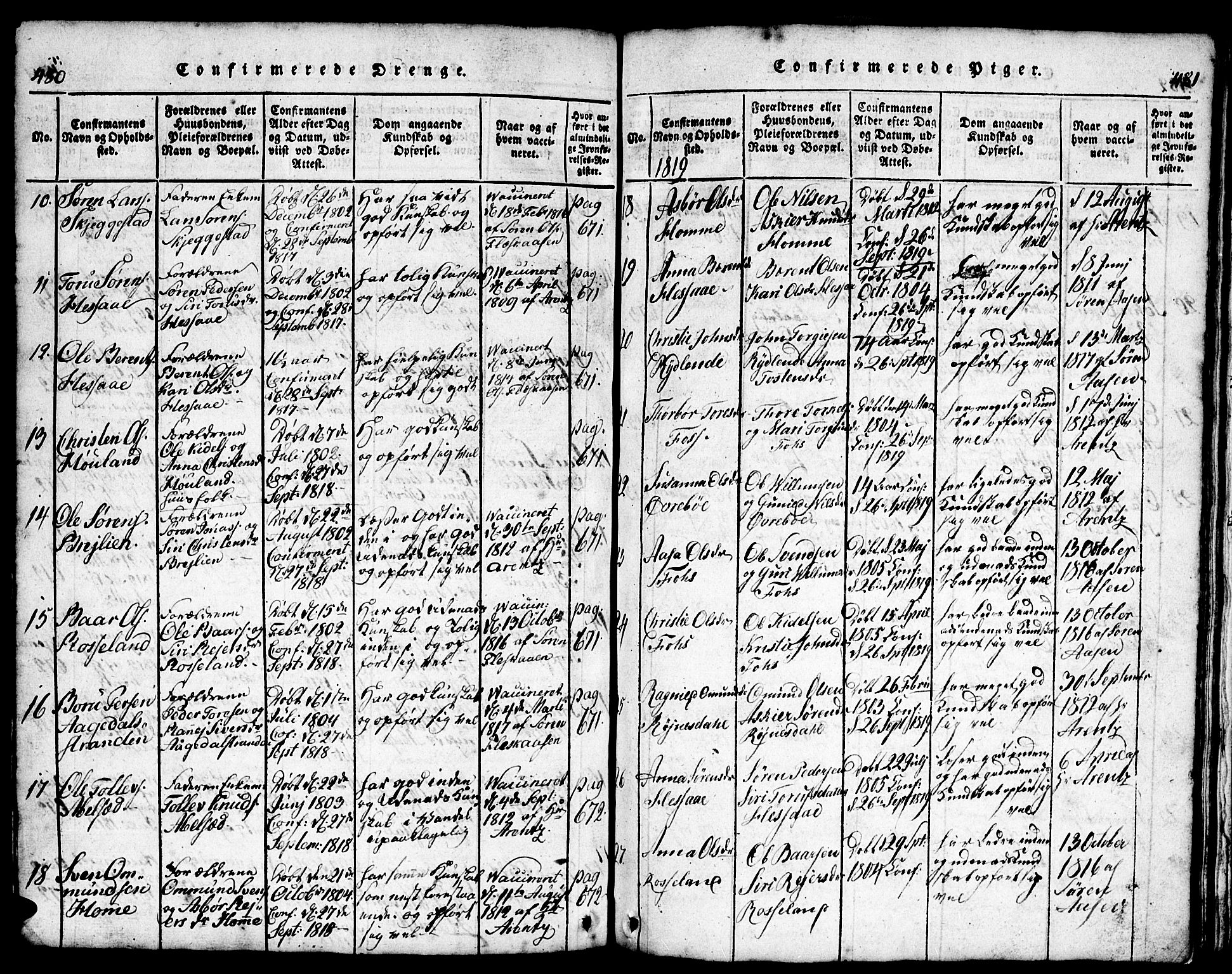 Bjelland sokneprestkontor, SAK/1111-0005/F/Fb/Fba/L0003: Klokkerbok nr. B 3, 1816-1870, s. 480-481