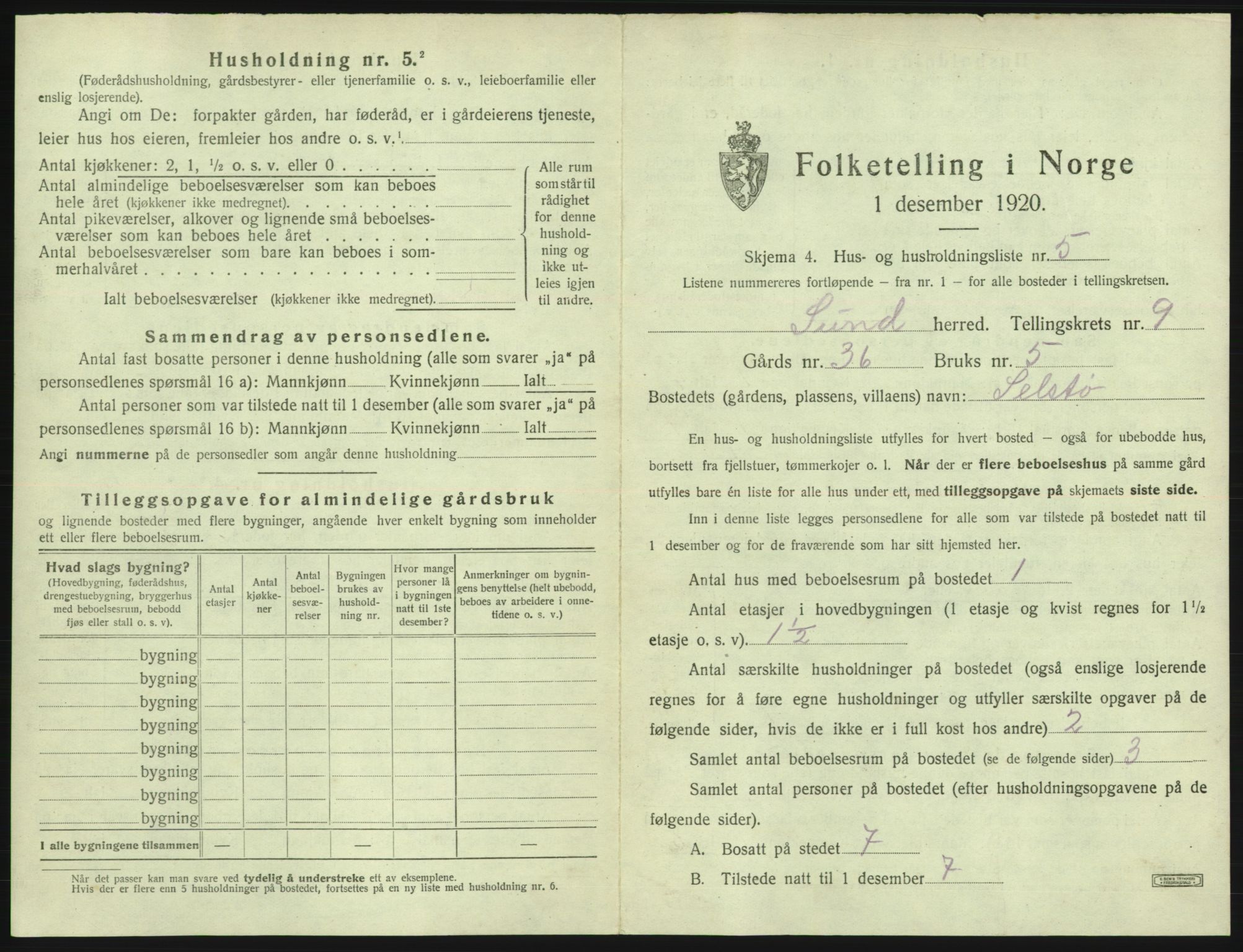 SAB, Folketelling 1920 for 1245 Sund herred, 1920, s. 732