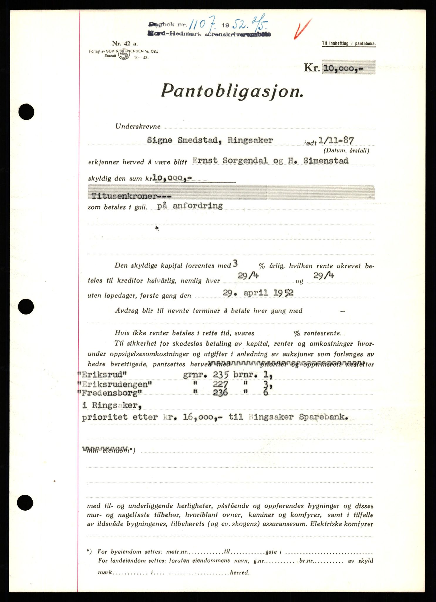 Nord-Hedmark sorenskriveri, SAH/TING-012/H/Hb/Hbf/L0025: Pantebok nr. B25, 1952-1952, Dagboknr: 1107/1952