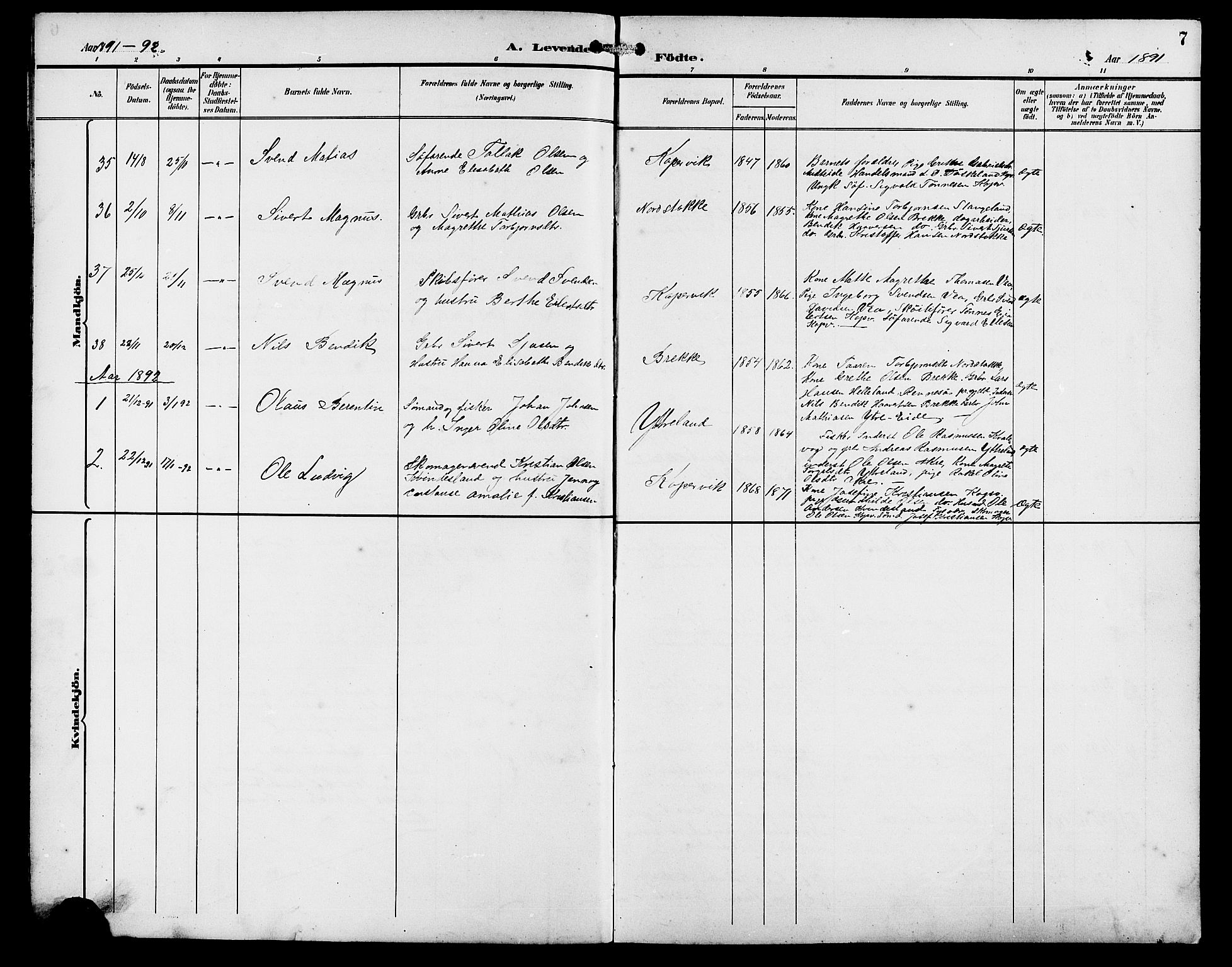 Kopervik sokneprestkontor, SAST/A-101850/H/Ha/Hab/L0003: Klokkerbok nr. B 3, 1891-1909, s. 7