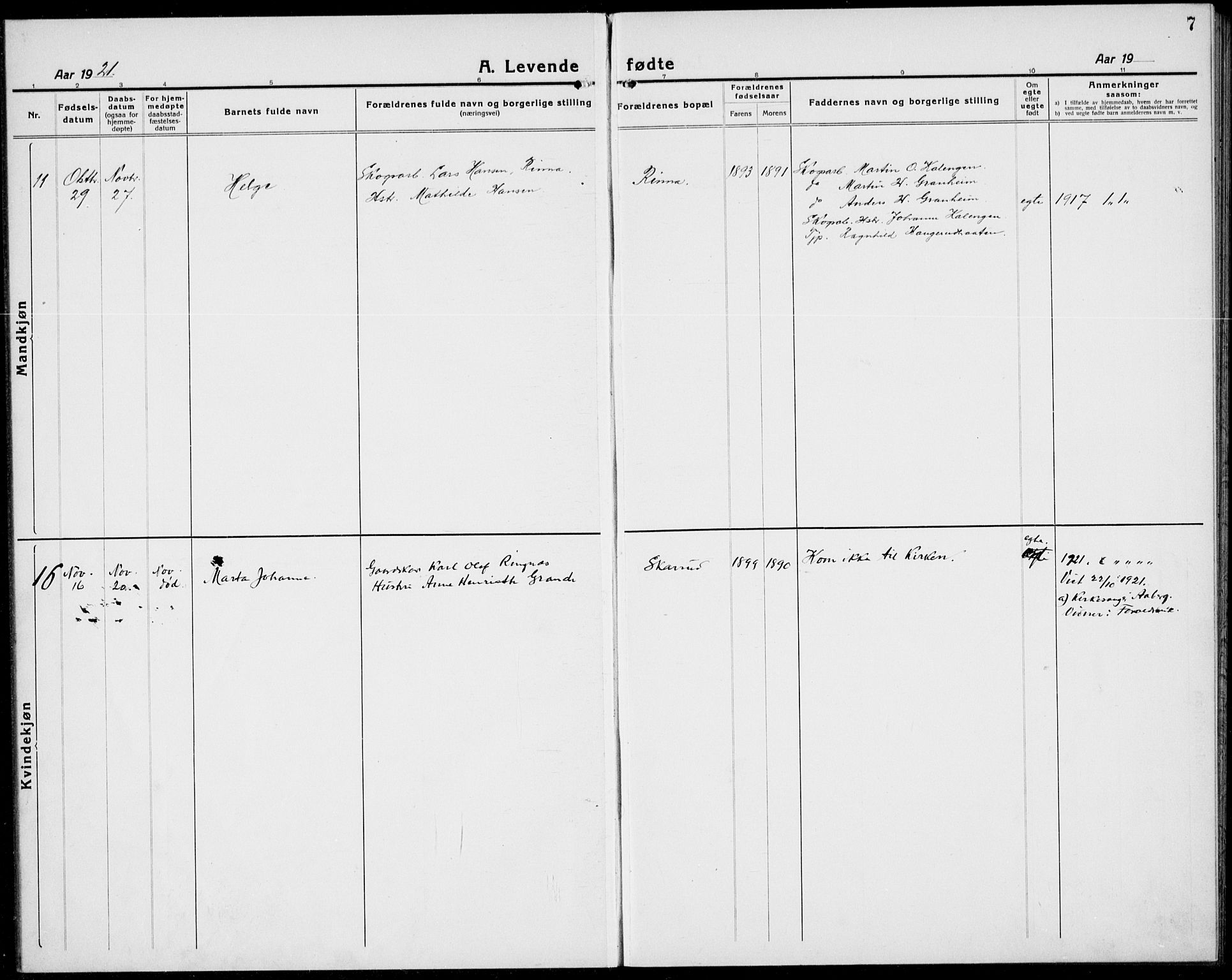 Ådal kirkebøker, AV/SAKO-A-248/G/Ga/L0005: Klokkerbok nr. I 5, 1921-1938, s. 7