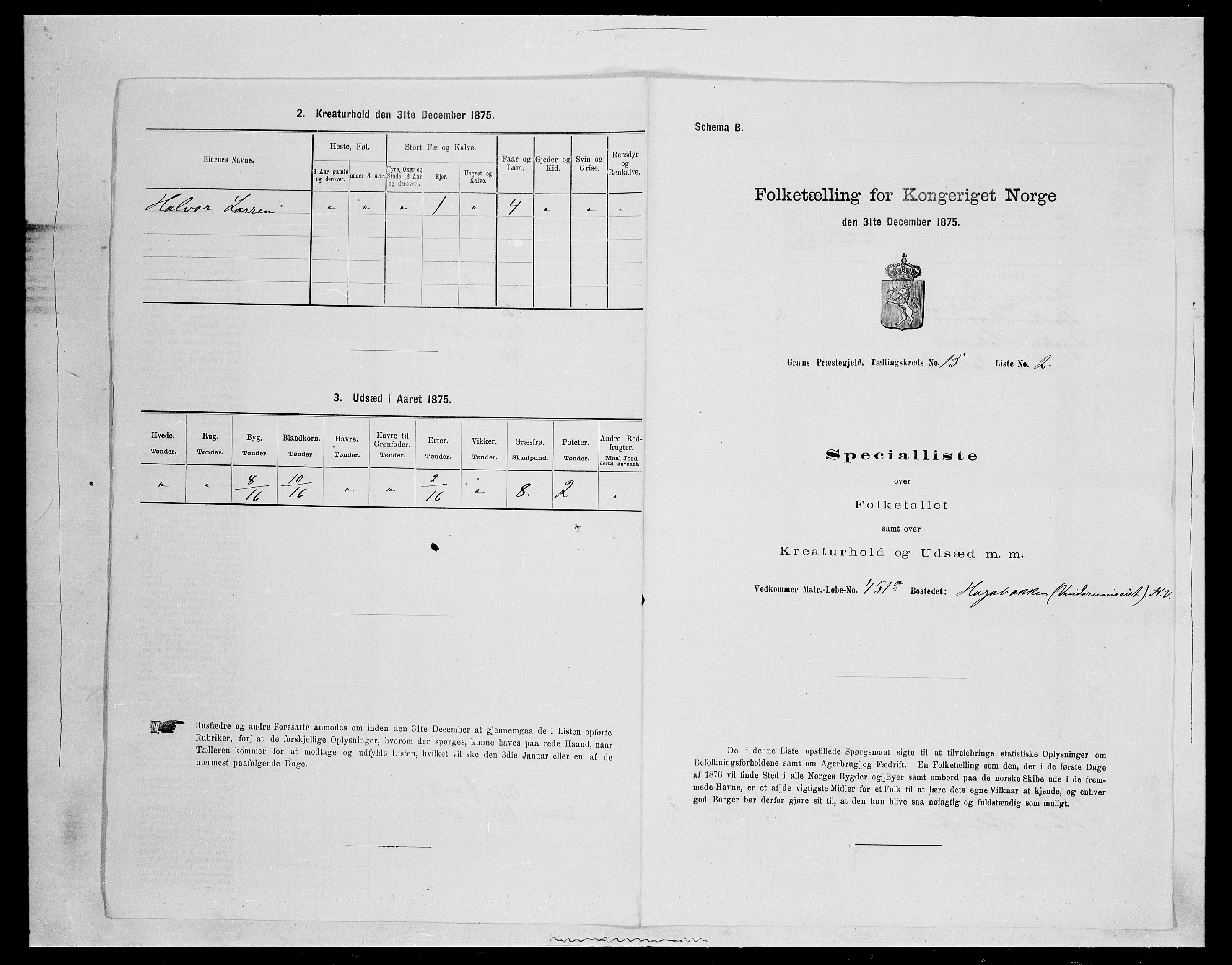 SAH, Folketelling 1875 for 0534P Gran prestegjeld, 1875, s. 2720