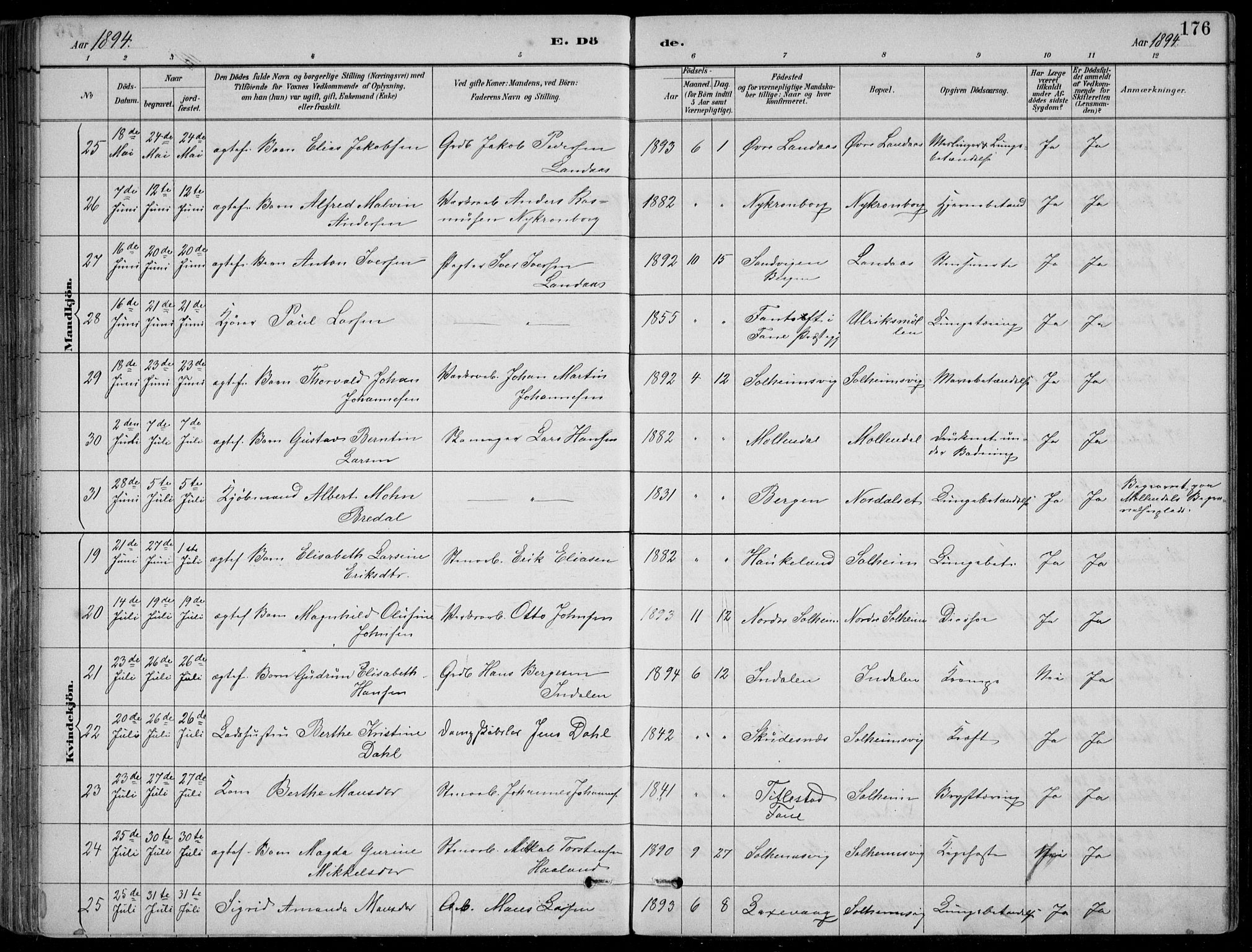 Årstad Sokneprestembete, AV/SAB-A-79301/H/Hab/L0011: Klokkerbok nr. B 1, 1886-1901, s. 176