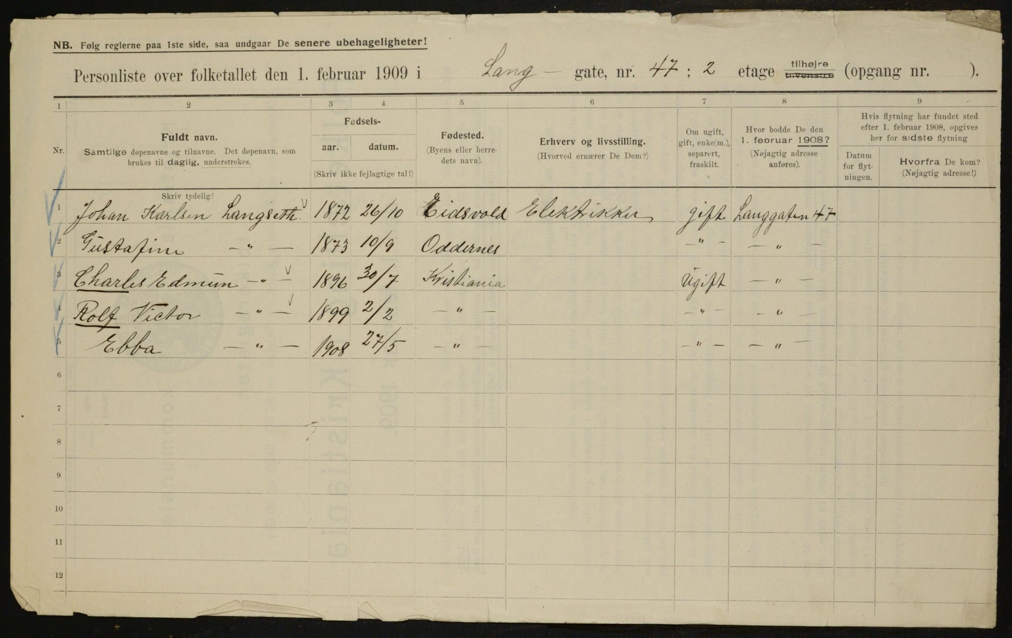 OBA, Kommunal folketelling 1.2.1909 for Kristiania kjøpstad, 1909, s. 51953